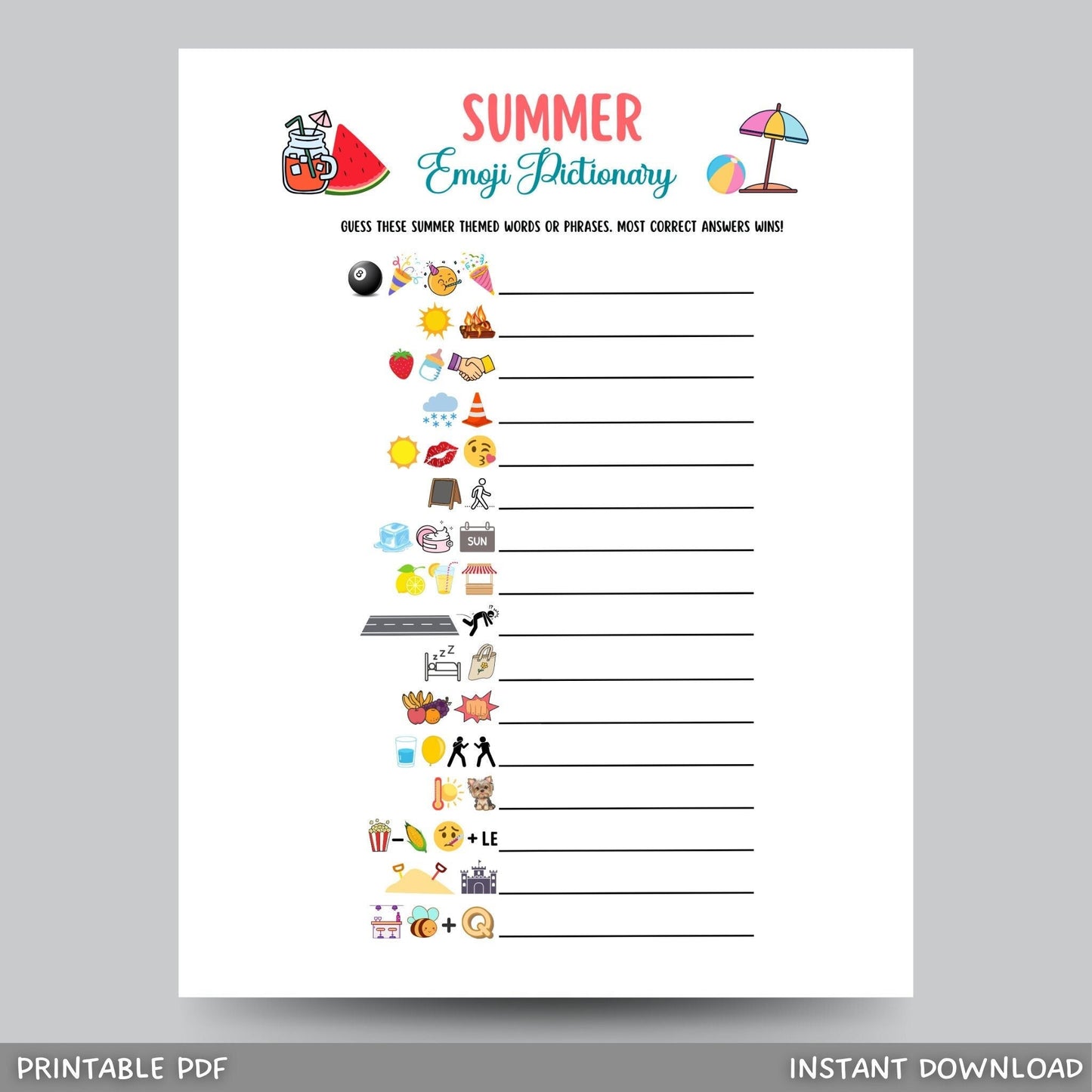 Summer Emoji Pictionary Game Printable, Summertime Activities for Adults & Kids, Fun Pool Party Games, Family Trivia Game, Emoji Quiz Game