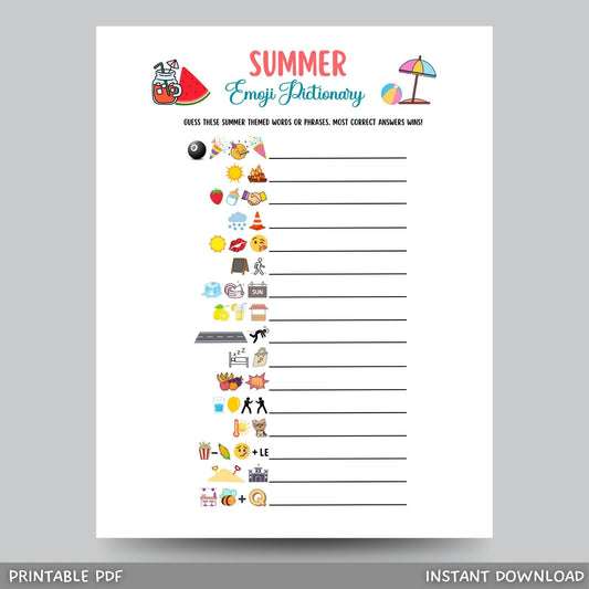 Summer Emoji Pictionary Game Printable, Summertime Activities for Adults & Kids, Fun Pool Party Games, Family Trivia Game, Emoji Quiz Game