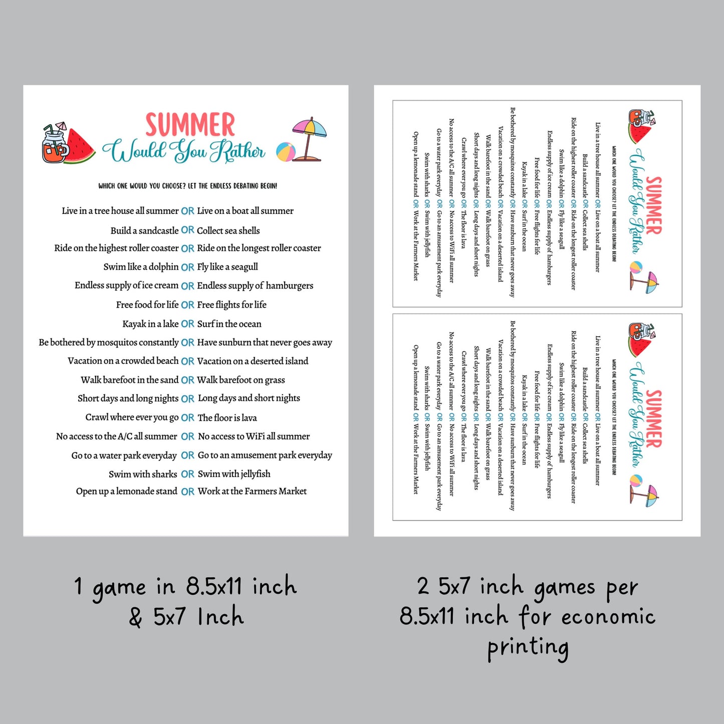 Summer Would You Rather Game Printable, Summer Camp Activity, Beach Pool Party This Or That Game, Icebreaker for Kids, Fun Vacation Ideas