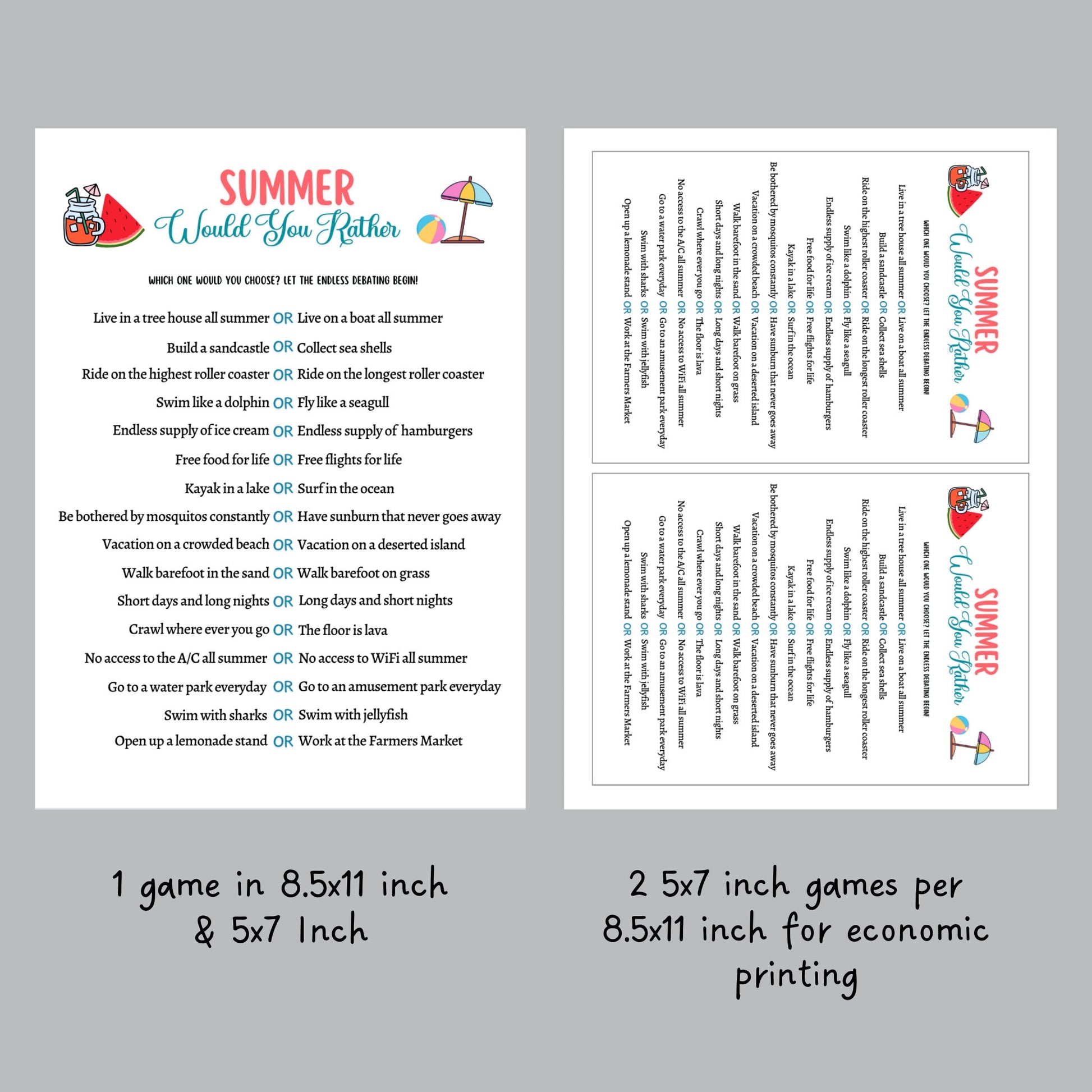 Summer Would You Rather Game Printable, Summer Camp Activity, Beach Pool Party This Or That Game, Icebreaker for Kids, Fun Vacation Ideas