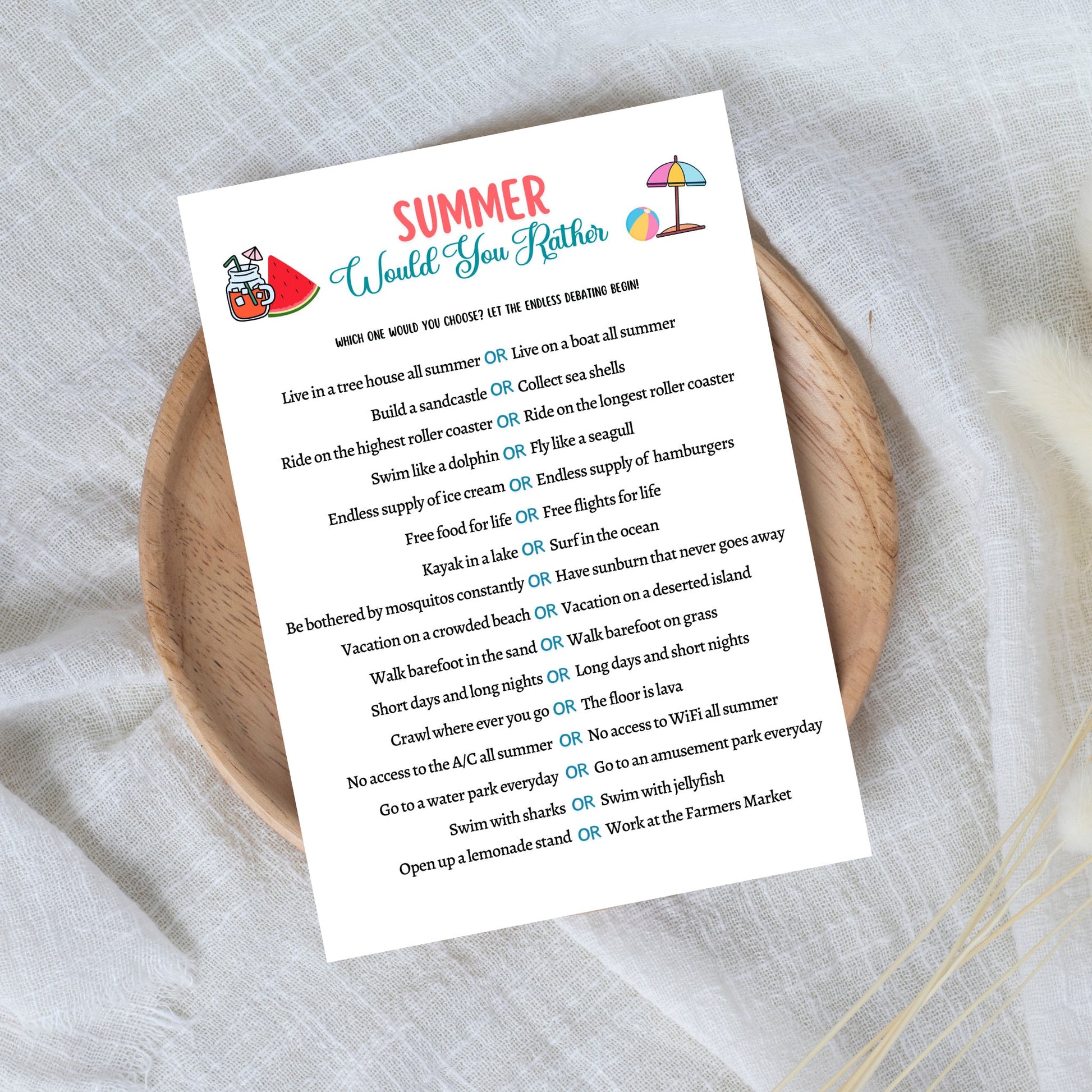 Summer Would You Rather Game Printable, Summer Camp Activity, Beach Pool Party This Or That Game, Icebreaker for Kids, Fun Vacation Ideas