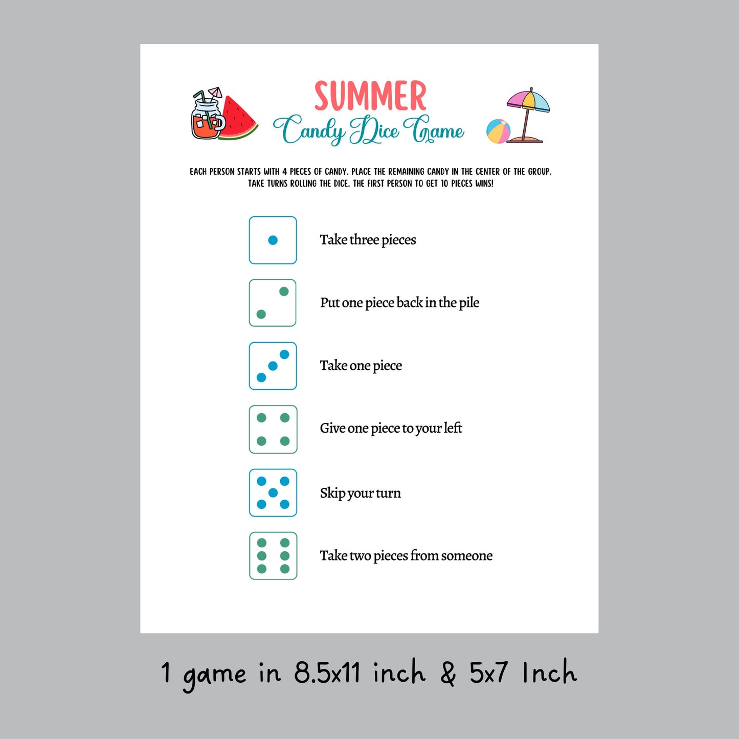 Summer Candy Dice Game Printable, Pool Party Games, Summer Camp Activity, Fun Beach Games Kids, Summer Break Vacation Idea, Road Trip Game