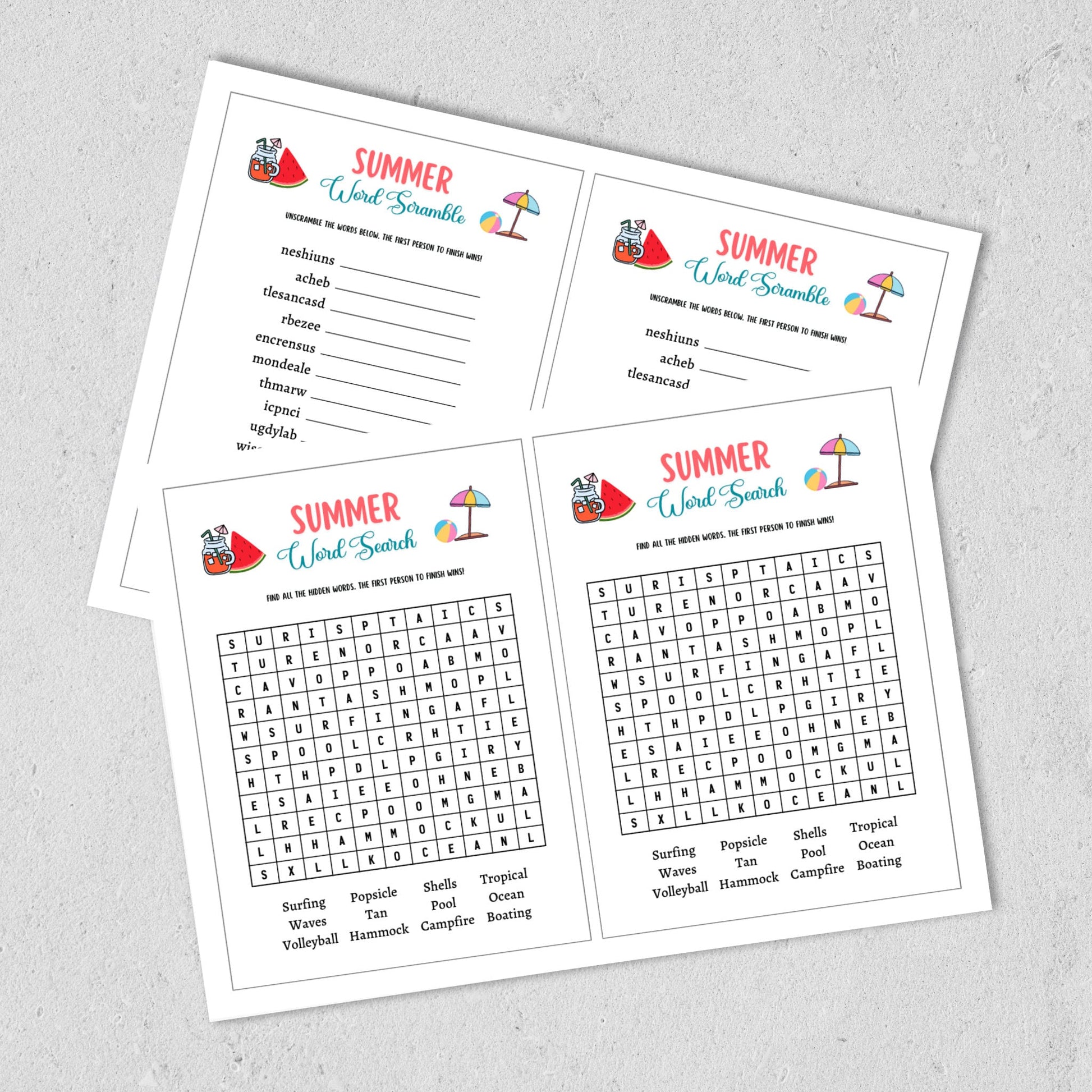 Summer Word Search Game Printable, Pool Party Games, Summer Camp Unscramble Activity, Fun Beach Games for Kids, Summer Break Vacation Ideas