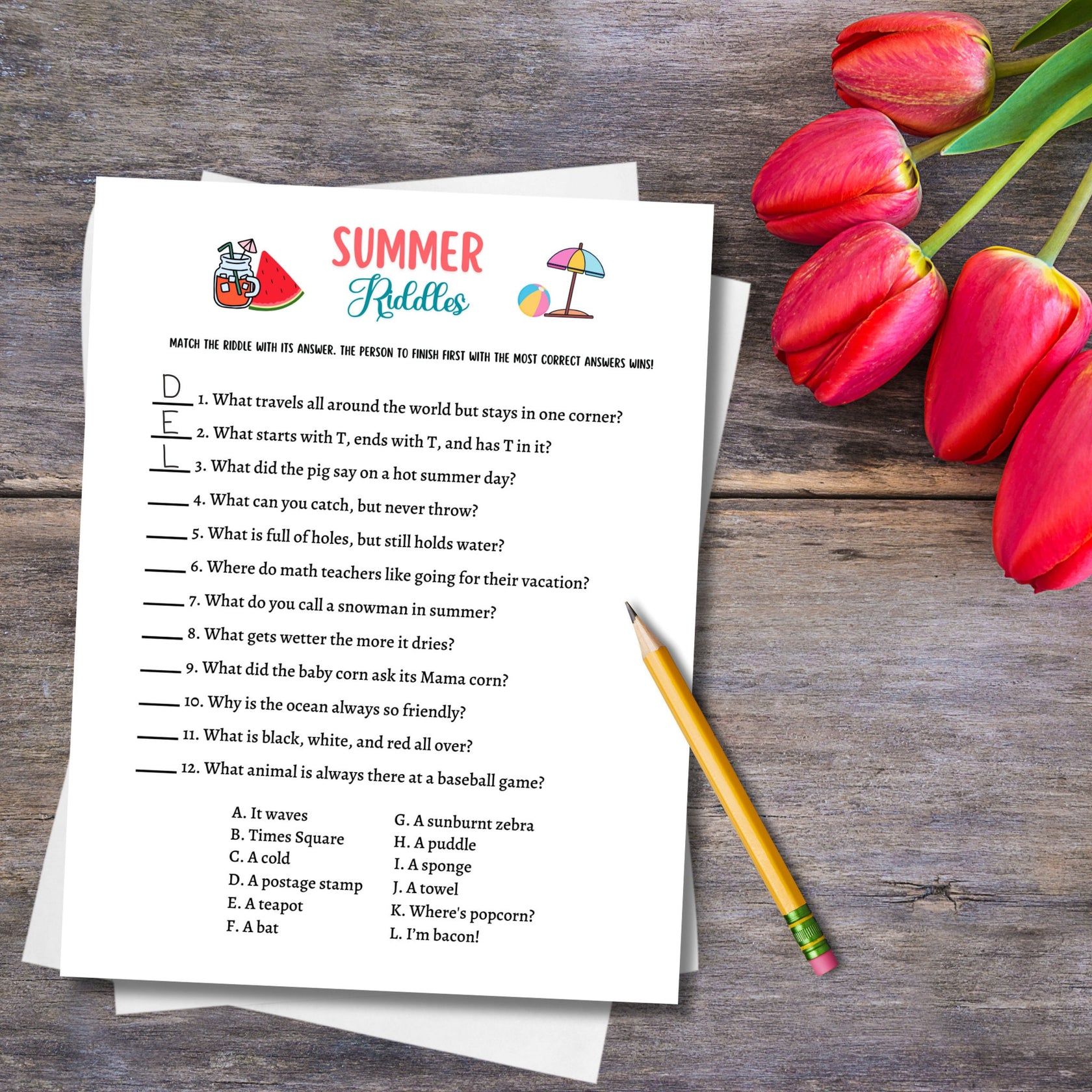 Summer Riddles Game Printable, Iconic Food Pairs Match Activity ...