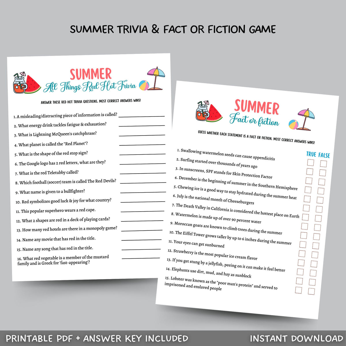 Summer Trivia Game Printable, Fact or Fiction Activity – Scribbled LLC
