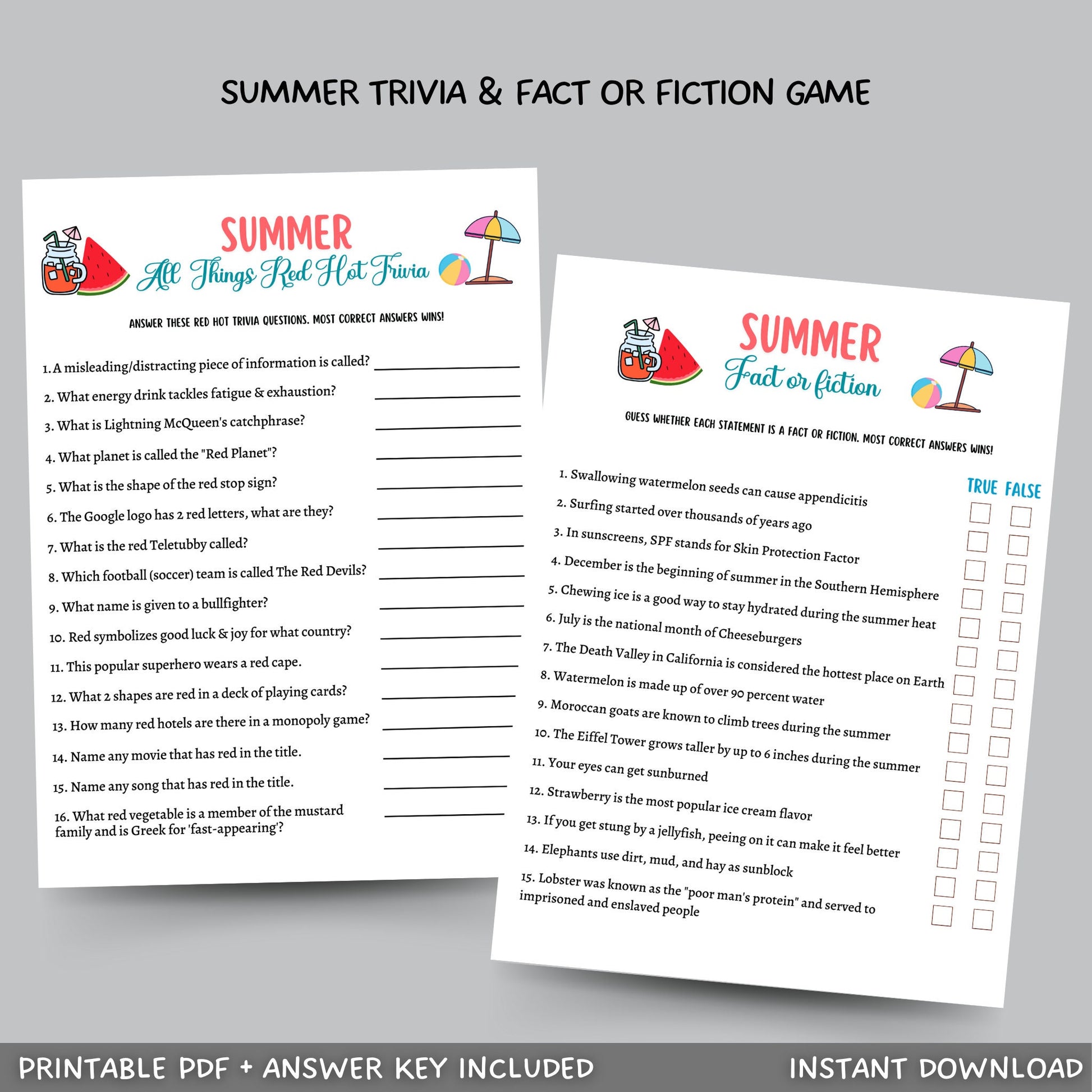 Summer Trivia Game Printable, Pool Party Games, Summer Camp Fact or Fiction Activity, Fun Beach Games for Kids, Summer Break Vacation Ideas