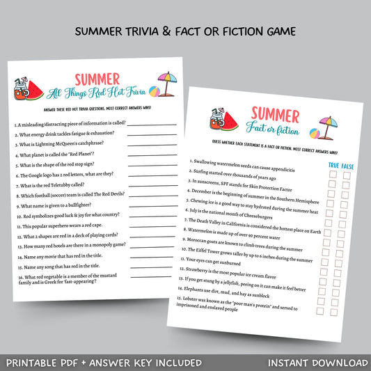 Summer Trivia Game Printable, Pool Party Games, Summer Camp Fact or Fiction Activity, Fun Beach Games for Kids, Summer Break Vacation Ideas