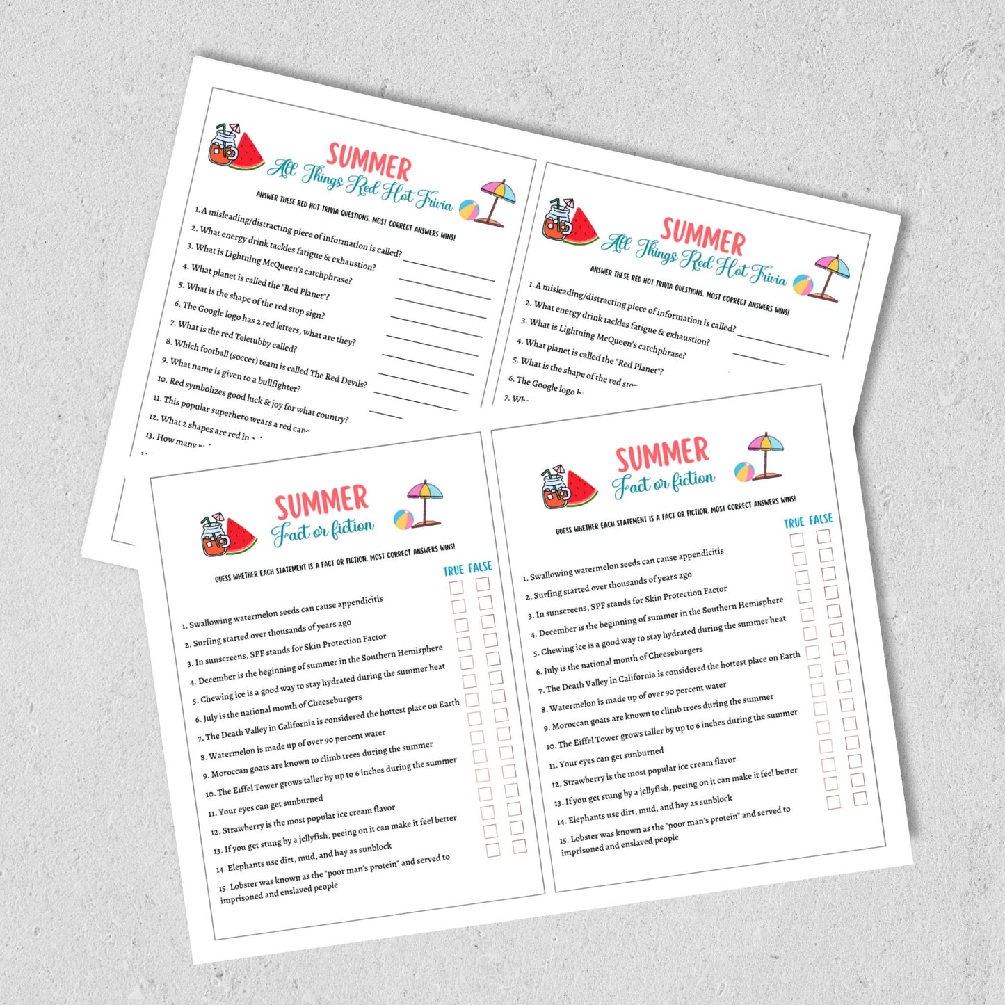 Summer Trivia Game Printable, Pool Party Games, Summer Camp Fact or Fiction Activity, Fun Beach Games for Kids, Summer Break Vacation Ideas