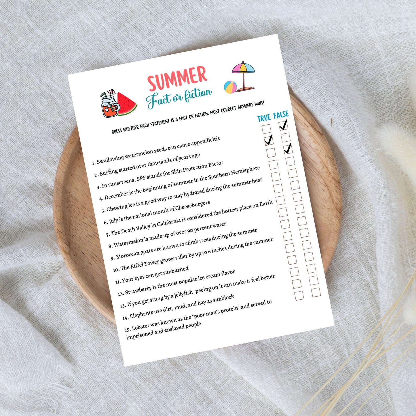 Summer Trivia Game Printable, Pool Party Games, Summer Camp Fact or Fiction Activity, Fun Beach Games for Kids, Summer Break Vacation Ideas