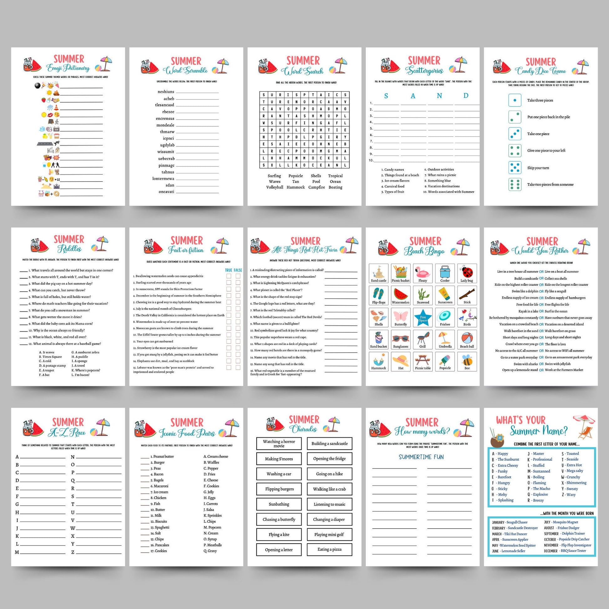 Summer Games Bundle Printable, Summer Camp Activity, Summertime Beach Party Games Adult and Kids, Fun Family Activity, Vacation Travel Games