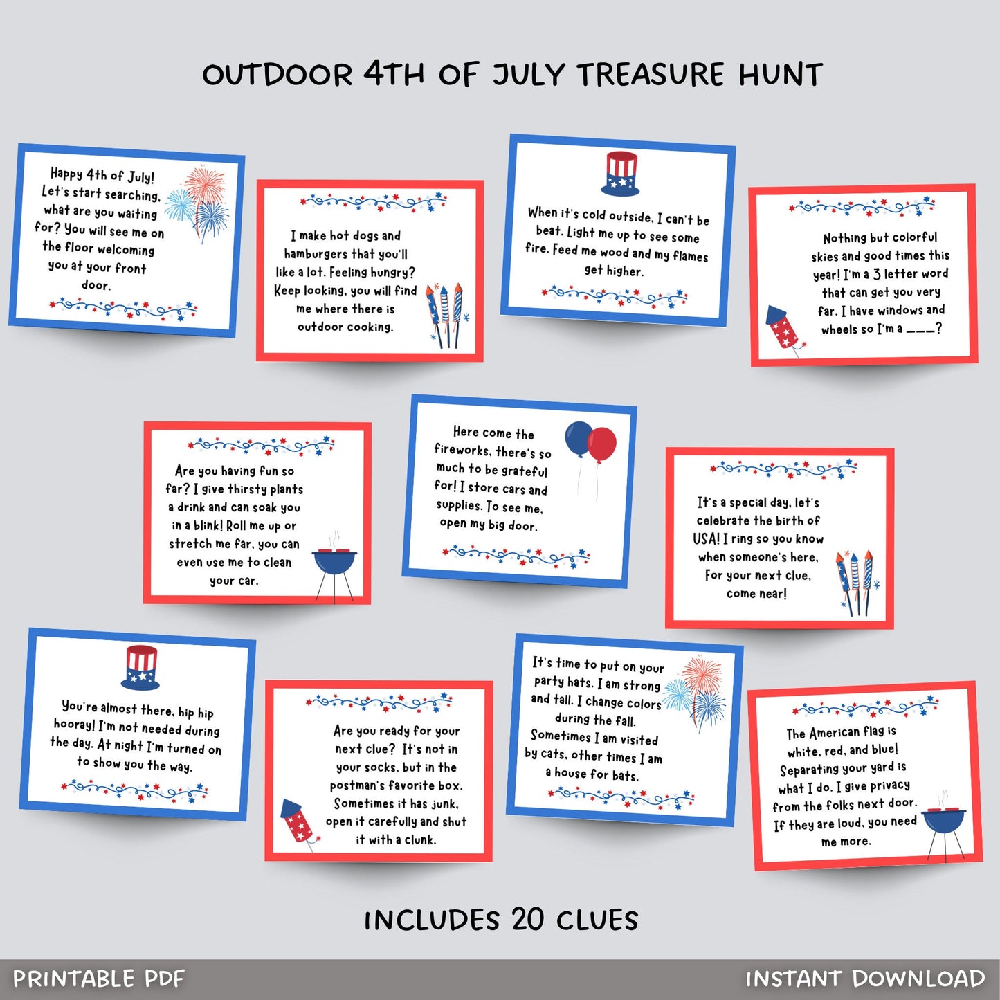 4th of July Treasure Hunt Printable, Outdoor Scavenger Hunt Clues for Kids, Independence Day Party Games, Tween Teen Summer Family Activity