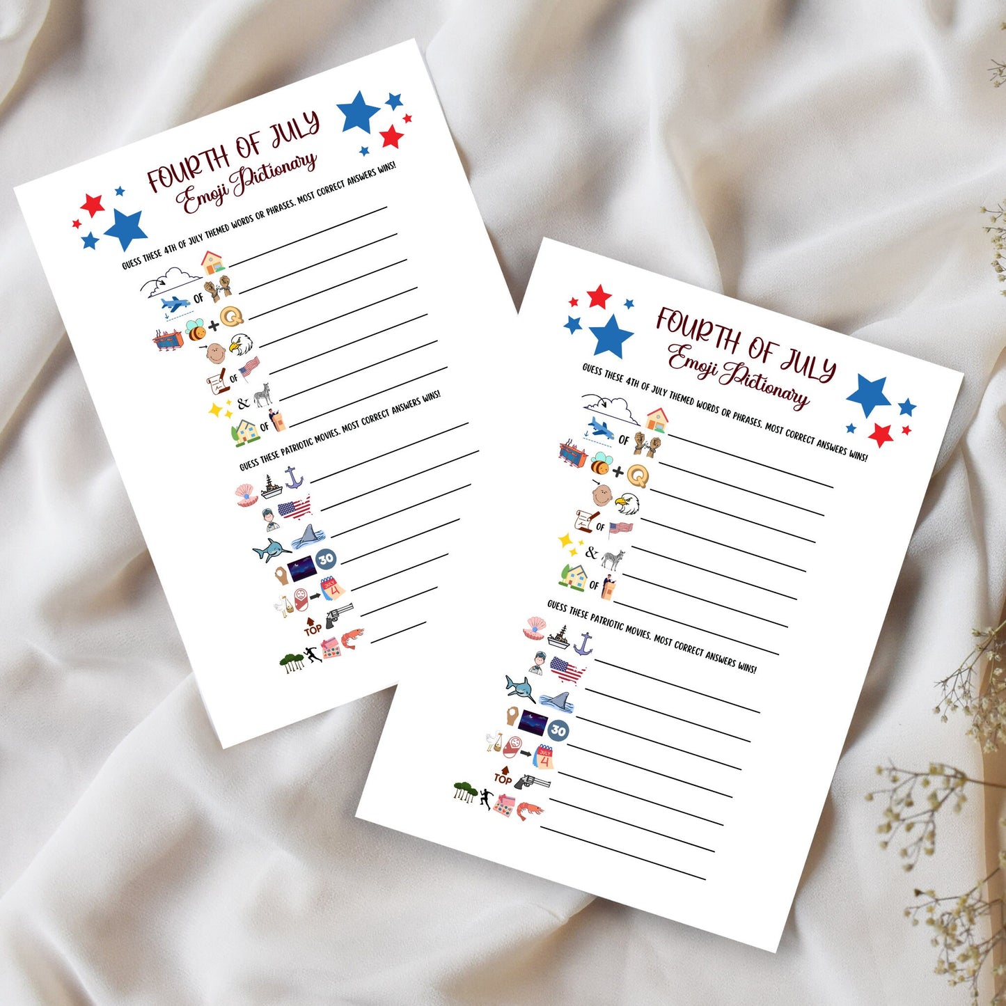 July 4th Emoji Pictionary Game Printable, Independence Day Party, Family Activity Adults & Kids, Fourth of July Patriotic Movie Trivia Quiz