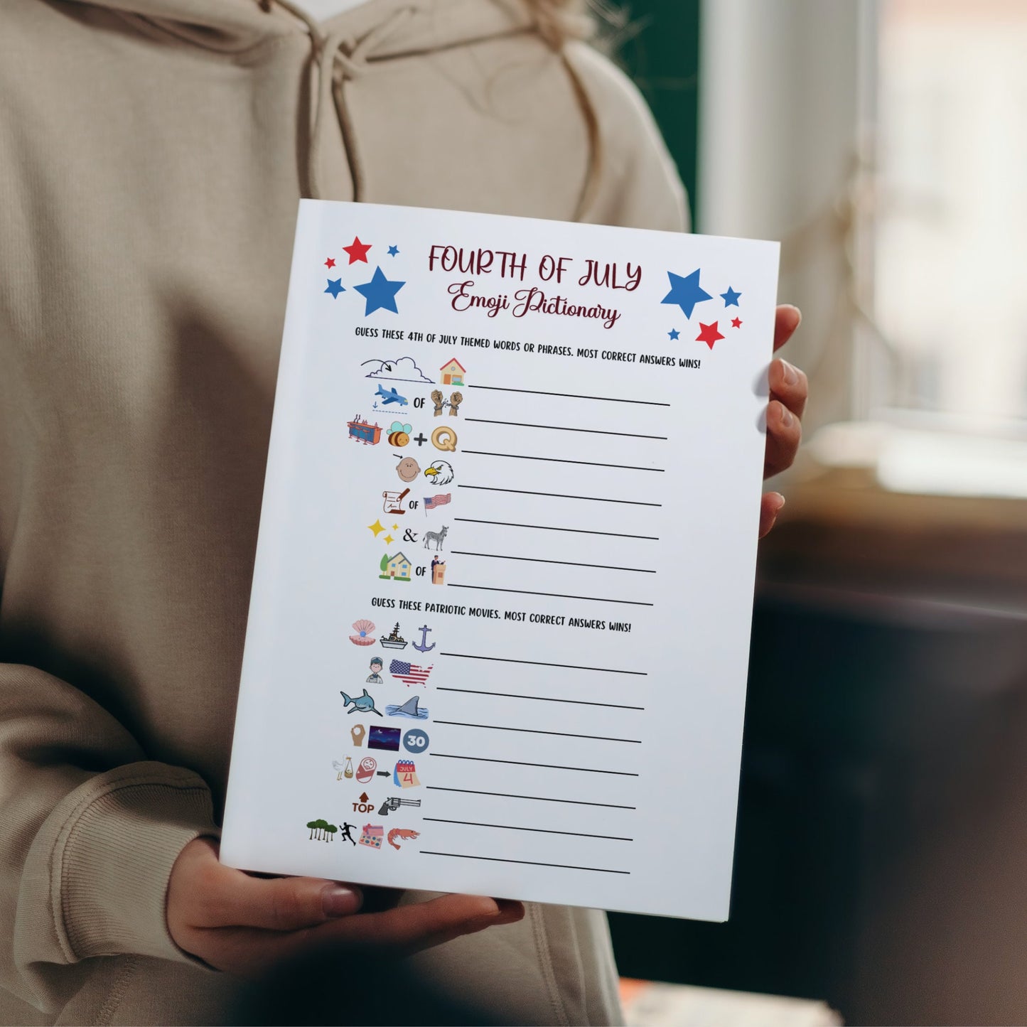 July 4th Emoji Pictionary Game Printable, Independence Day Party, Family Activity Adults & Kids, Fourth of July Patriotic Movie Trivia Quiz