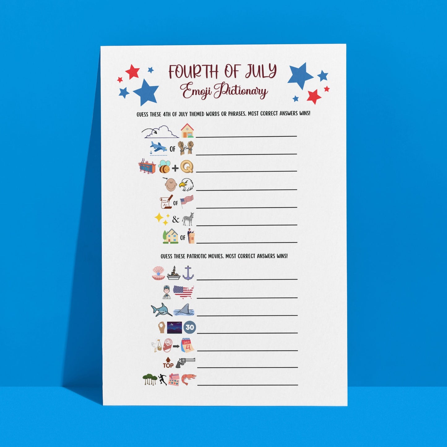 July 4th Emoji Pictionary Game Printable, Independence Day Party, Family Activity Adults & Kids, Fourth of July Patriotic Movie Trivia Quiz
