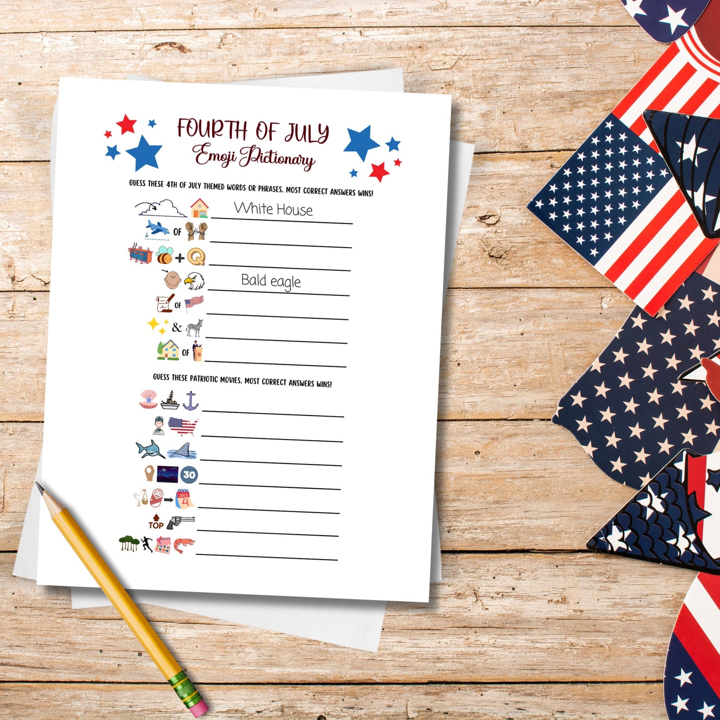 July 4th Emoji Pictionary Game Printable, Independence Day Party, Family Activity Adults & Kids, Fourth of July Patriotic Movie Trivia Quiz