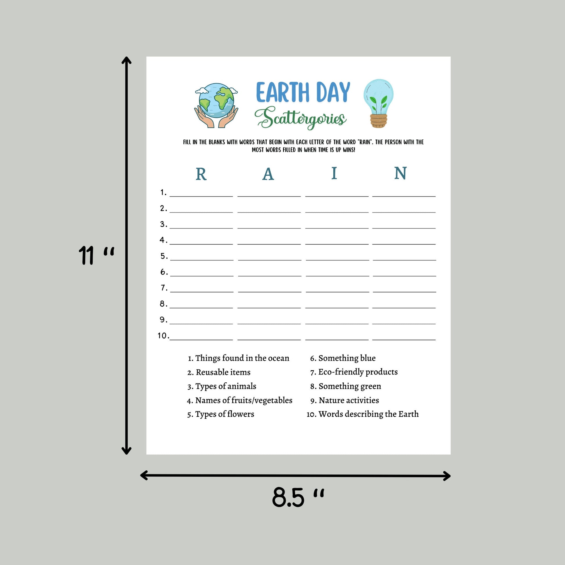 Earth Day Games Printable, Environmental Activity Trivia, Scattergories Party Game for Kids And Adults, Family Game, Classroom Lesson Game