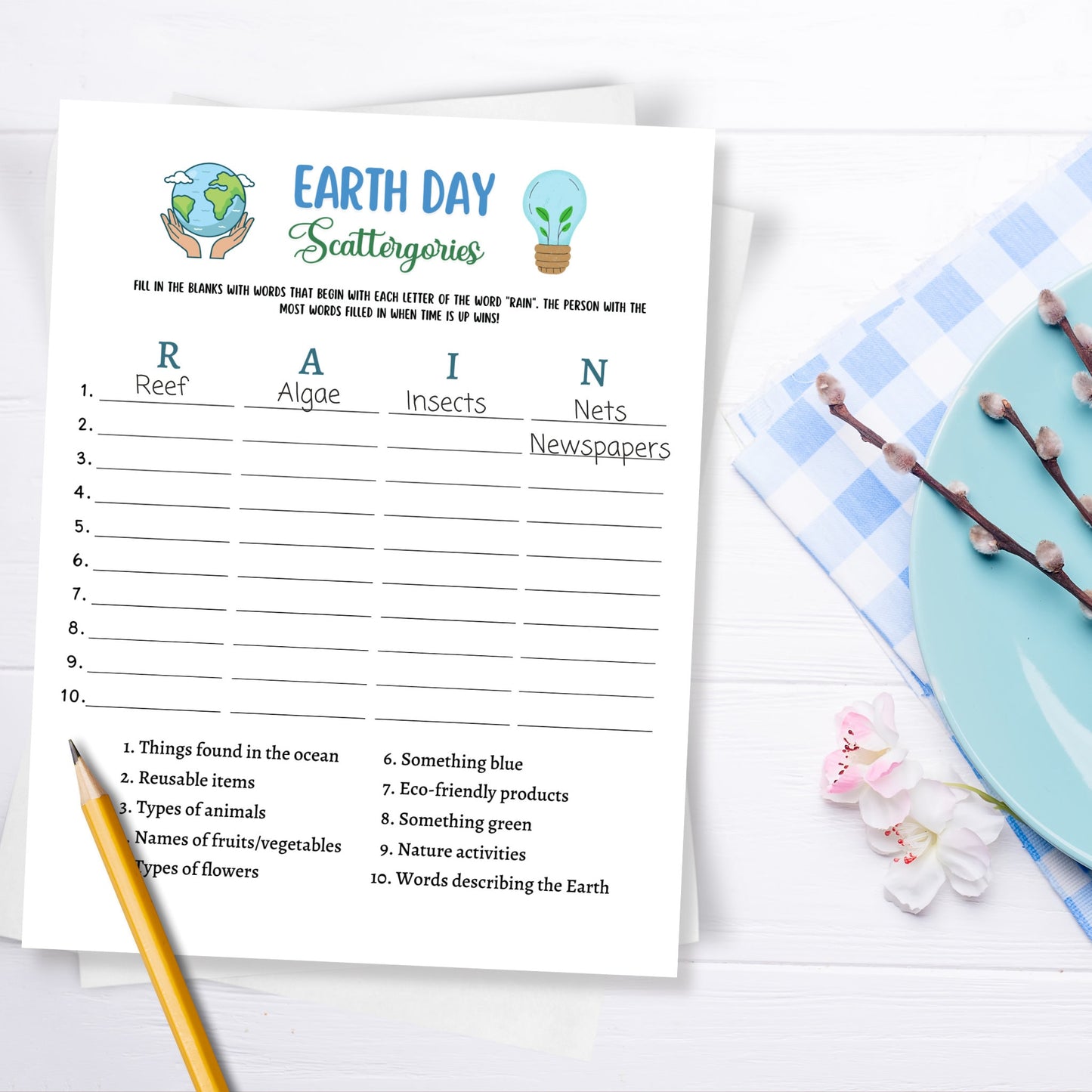 Earth Day Games Printable, Environmental Activity Trivia, Scattergories Party Game for Kids And Adults, Family Game, Classroom Lesson Game