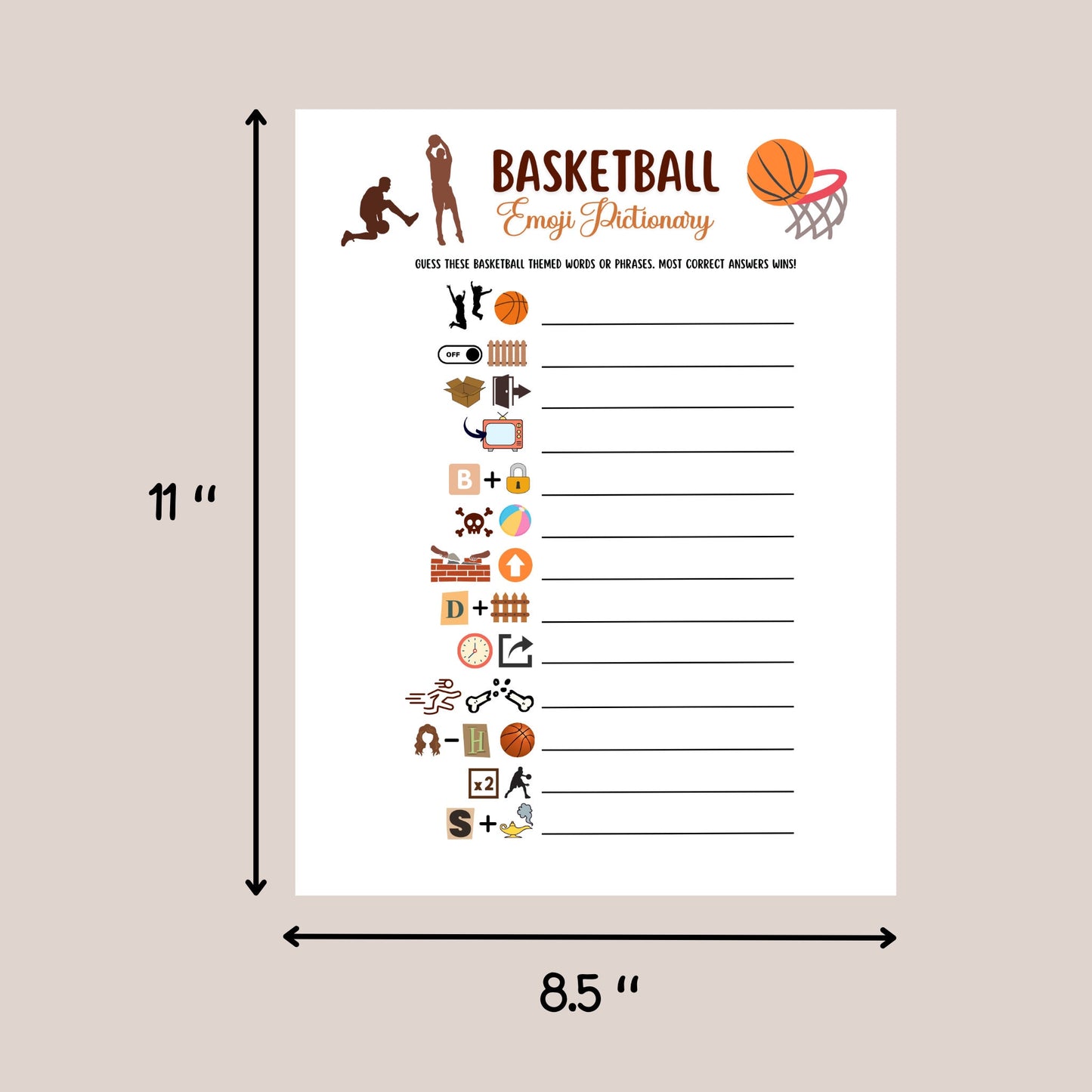 Basketball Emoji Pictionary Game Printable, Basketball Party Game, Office Party Game, Activity For Kids and Adults, Classroom Games