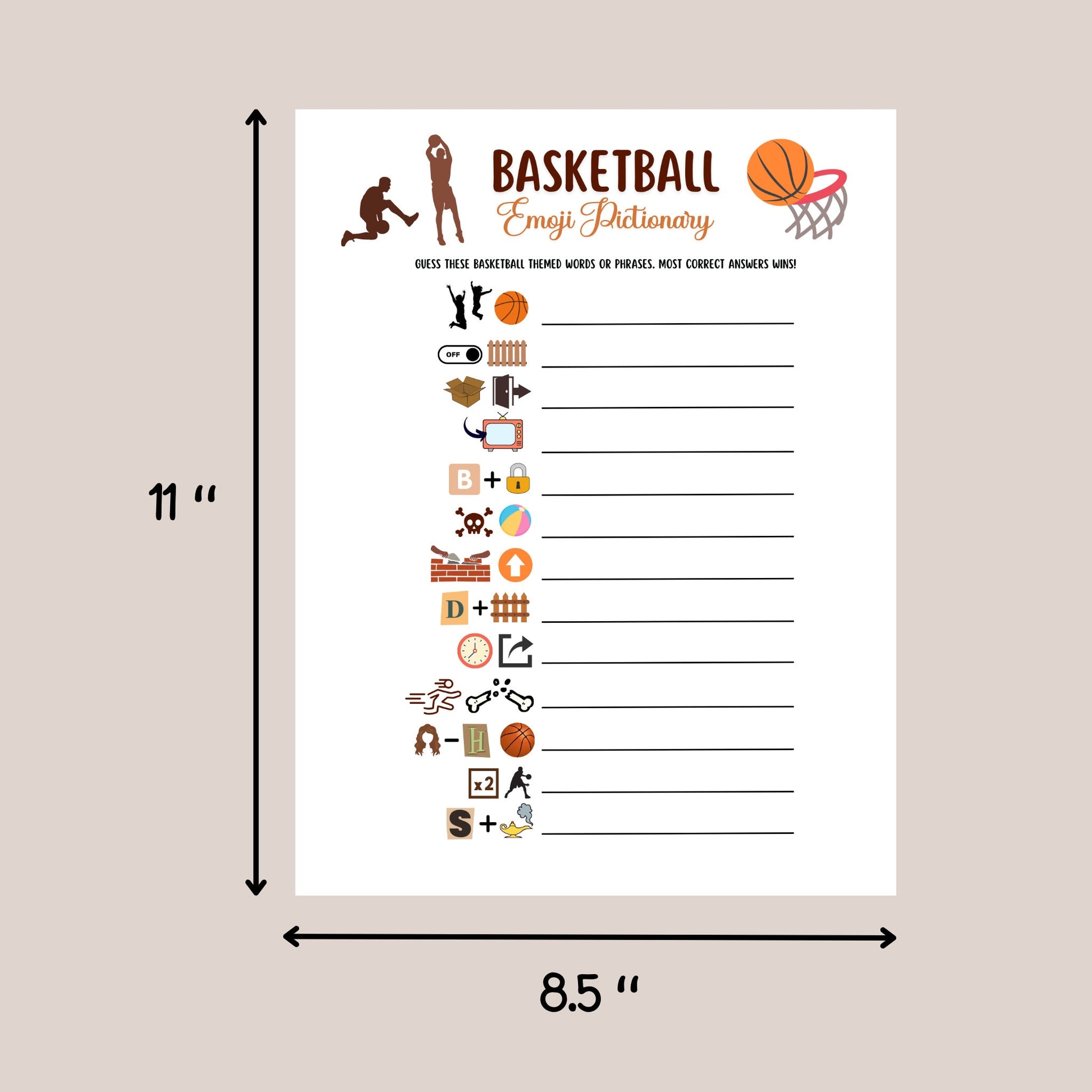 Basketball Emoji Pictionary Game Printable, Basketball Party Game, Office Party Game, Activity For Kids and Adults, Classroom Games