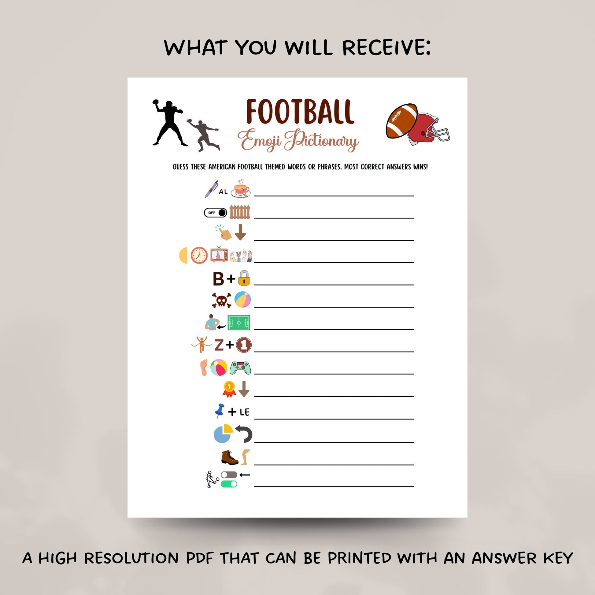 Football Emoji Pictionary Game Printable, Football Party Game, Office Party Game, Activity For Kids and Adults, Classroom Games