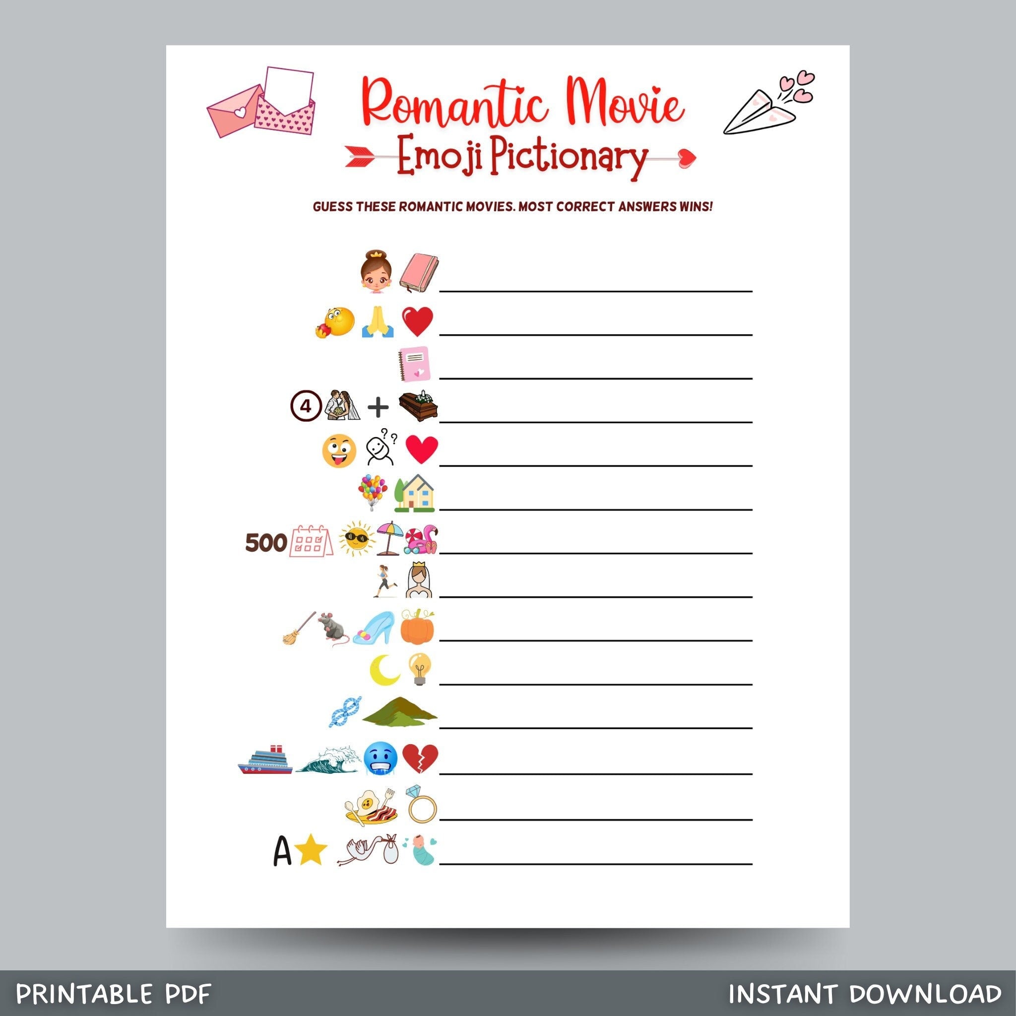 valentines day romantic movie emoji pictionary game printable