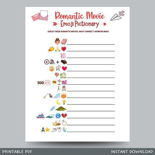 Valentine's Day Romantic Movie Emoji Pictionary Game Printable Activity, Fun Emoji Game Adults & Kids, Party Game, Galentines Day Games