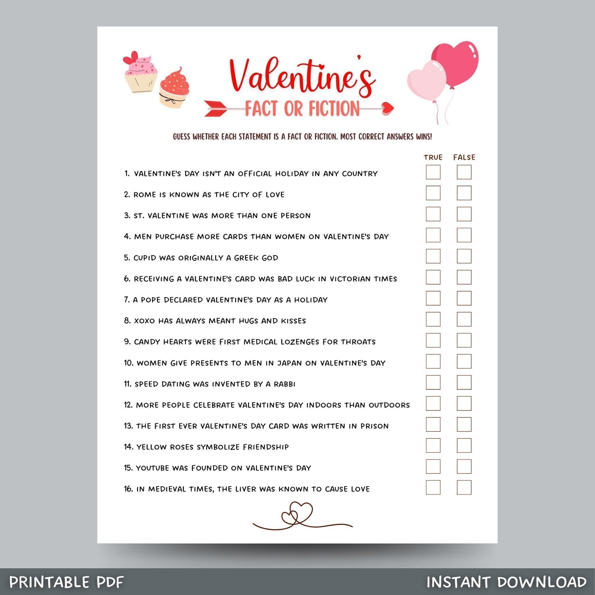 Valentines Day Fact or Fiction Game Printable, True or False Trivia Ac ...