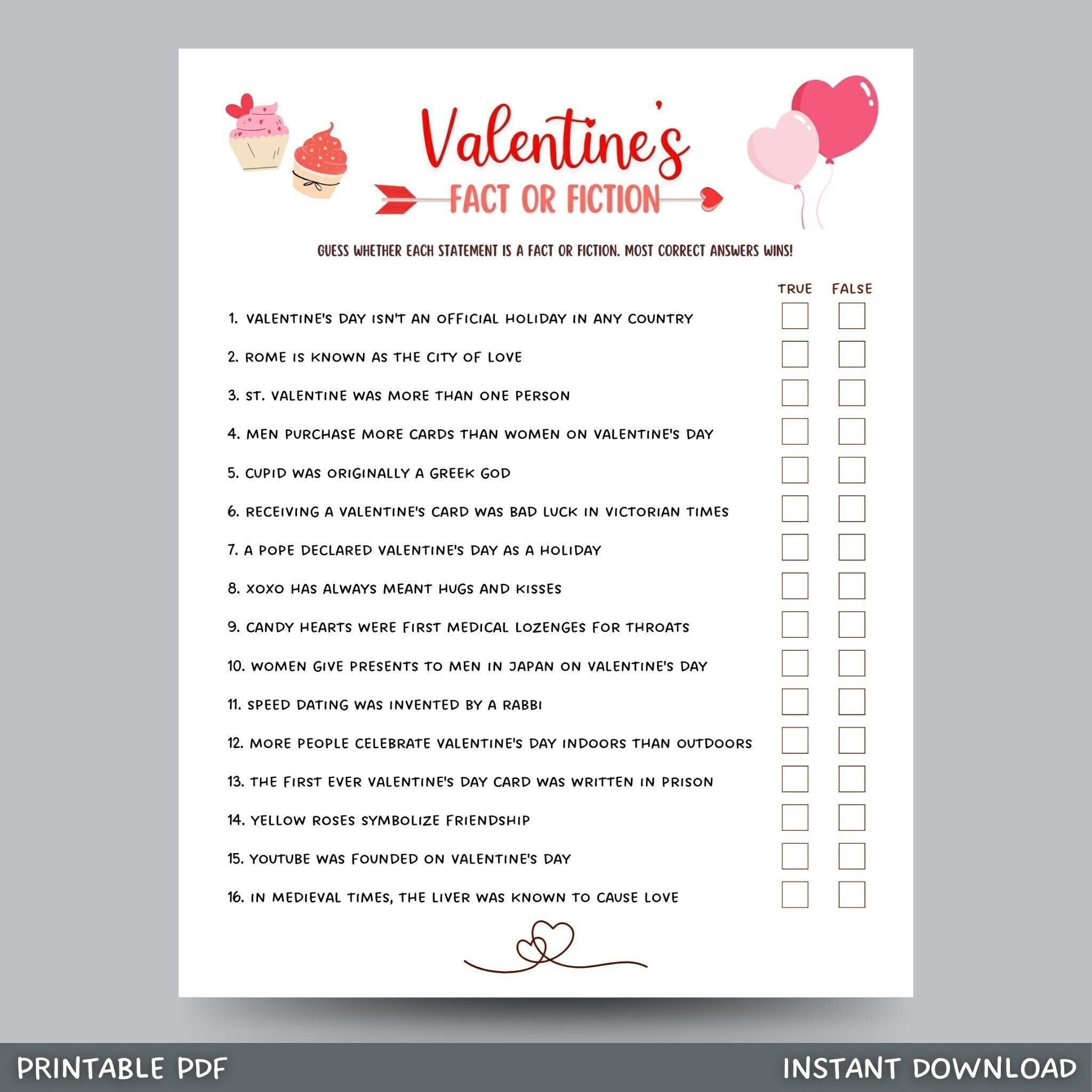 valentines day fact or fiction game printable, true or false