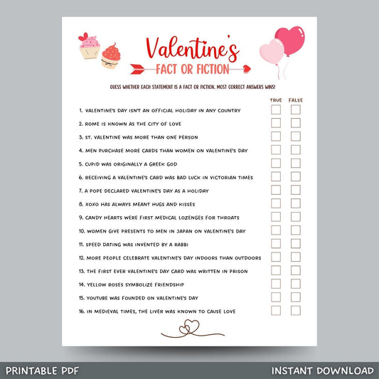 Valentine's Day Fact or Fiction Game Printable, Valentines Game True or False Trivia, Galentines Day Game, Party Game Activity, Adults/Kids