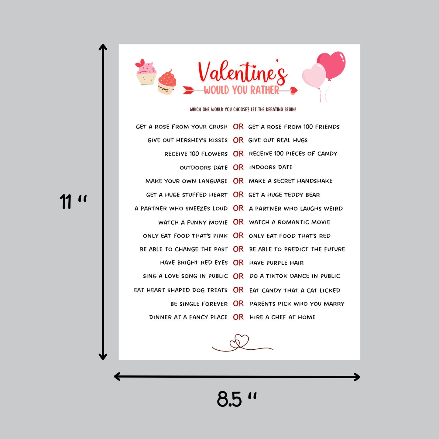 Valentine's Day Would You Rather Game Printable, This or That Game, Galentine's Day Fun Party Game, Valentines Activity for Adults & Kids