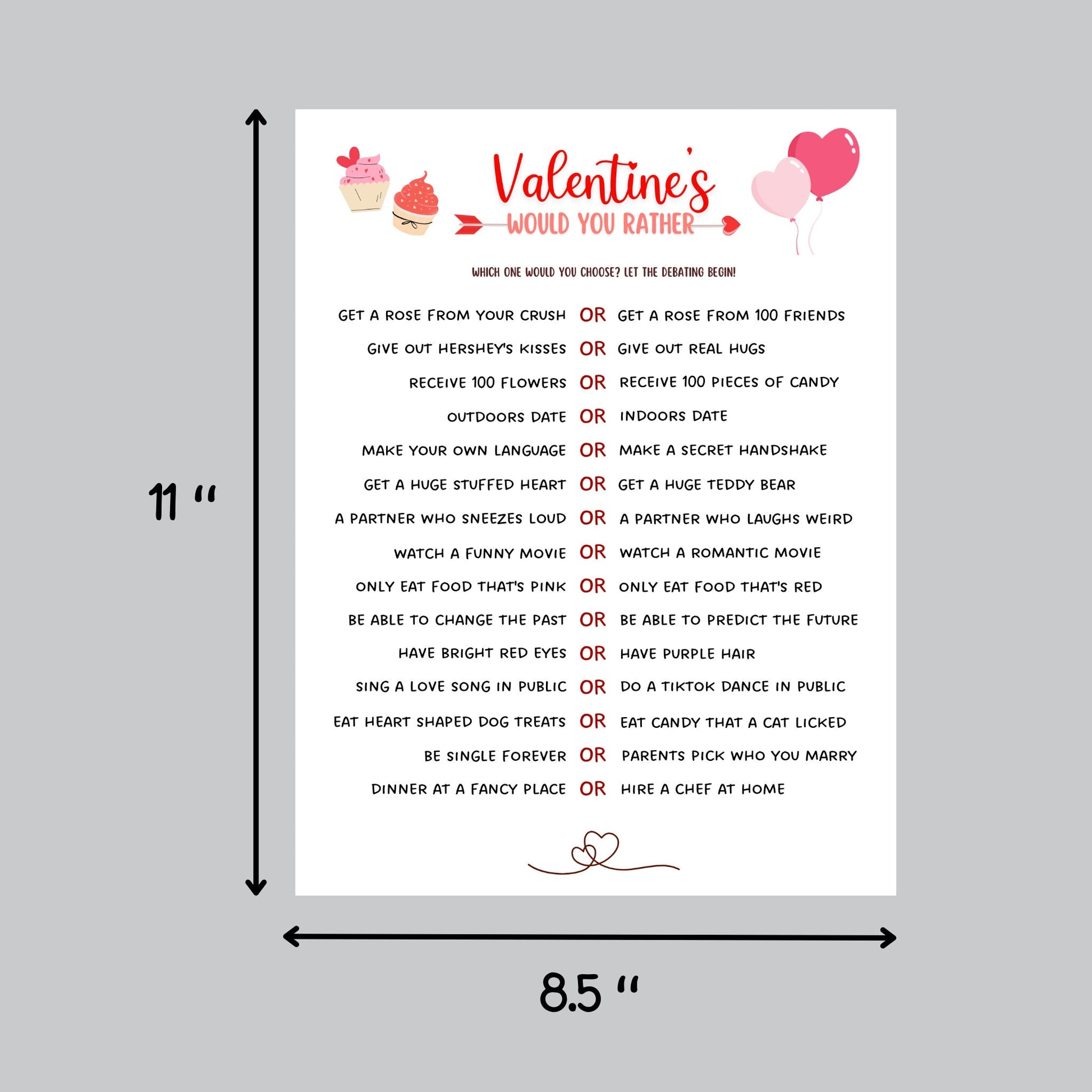 Valentine's Day Would You Rather Game Printable, This or That Game, Galentine's Day Fun Party Game, Valentines Activity for Adults & Kids