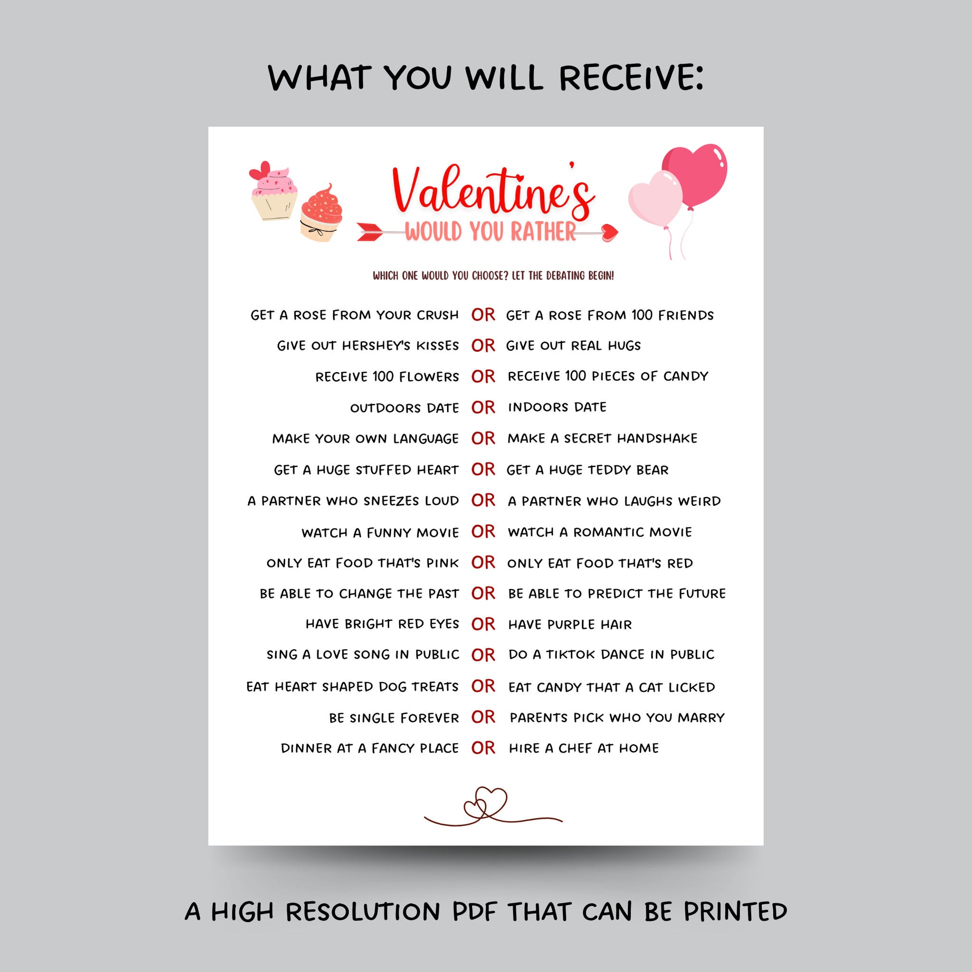 Valentine's Day Would You Rather Game Printable, This or That Game, Galentine's Day Fun Party Game, Valentines Activity for Adults & Kids