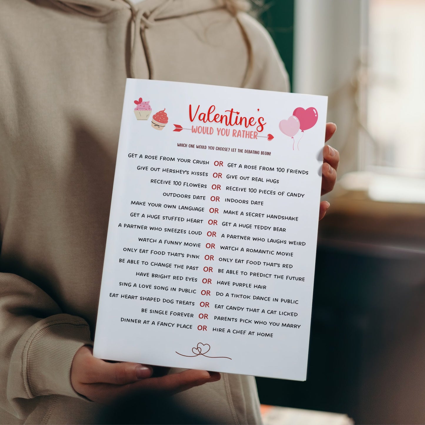 Valentine's Day Would You Rather Game Printable, This or That Game, Galentine's Day Fun Party Game, Valentines Activity for Adults & Kids