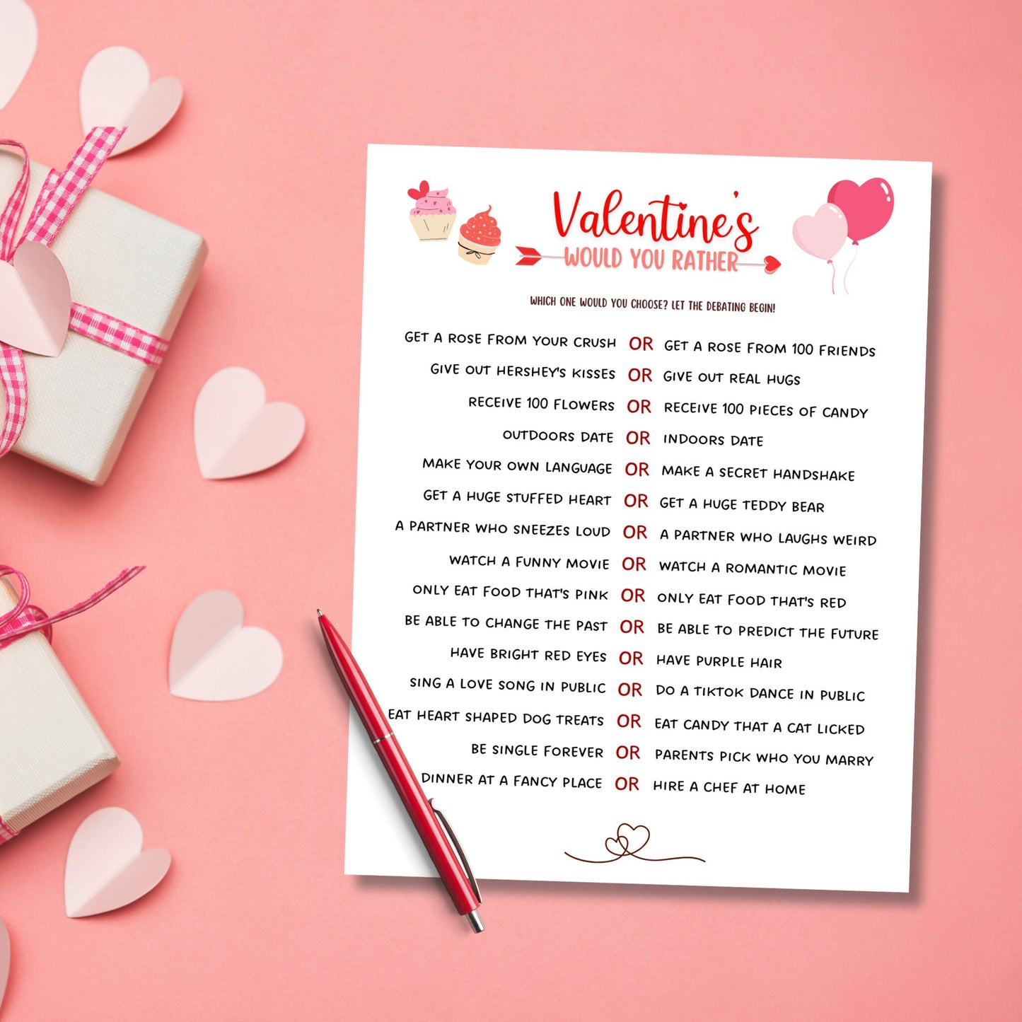 Valentine's Day Would You Rather Game Printable, This or That Game, Galentine's Day Fun Party Game, Valentines Activity for Adults & Kids