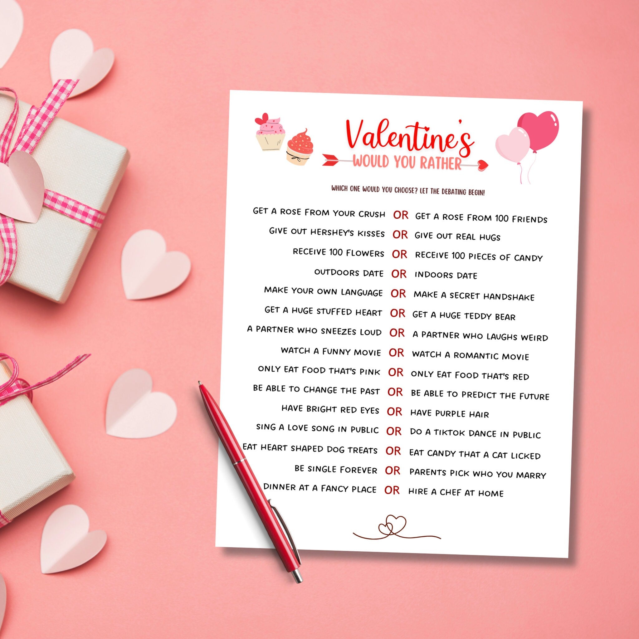 Valentines Day Would You Rather Game Printable, This or That Party Act ...