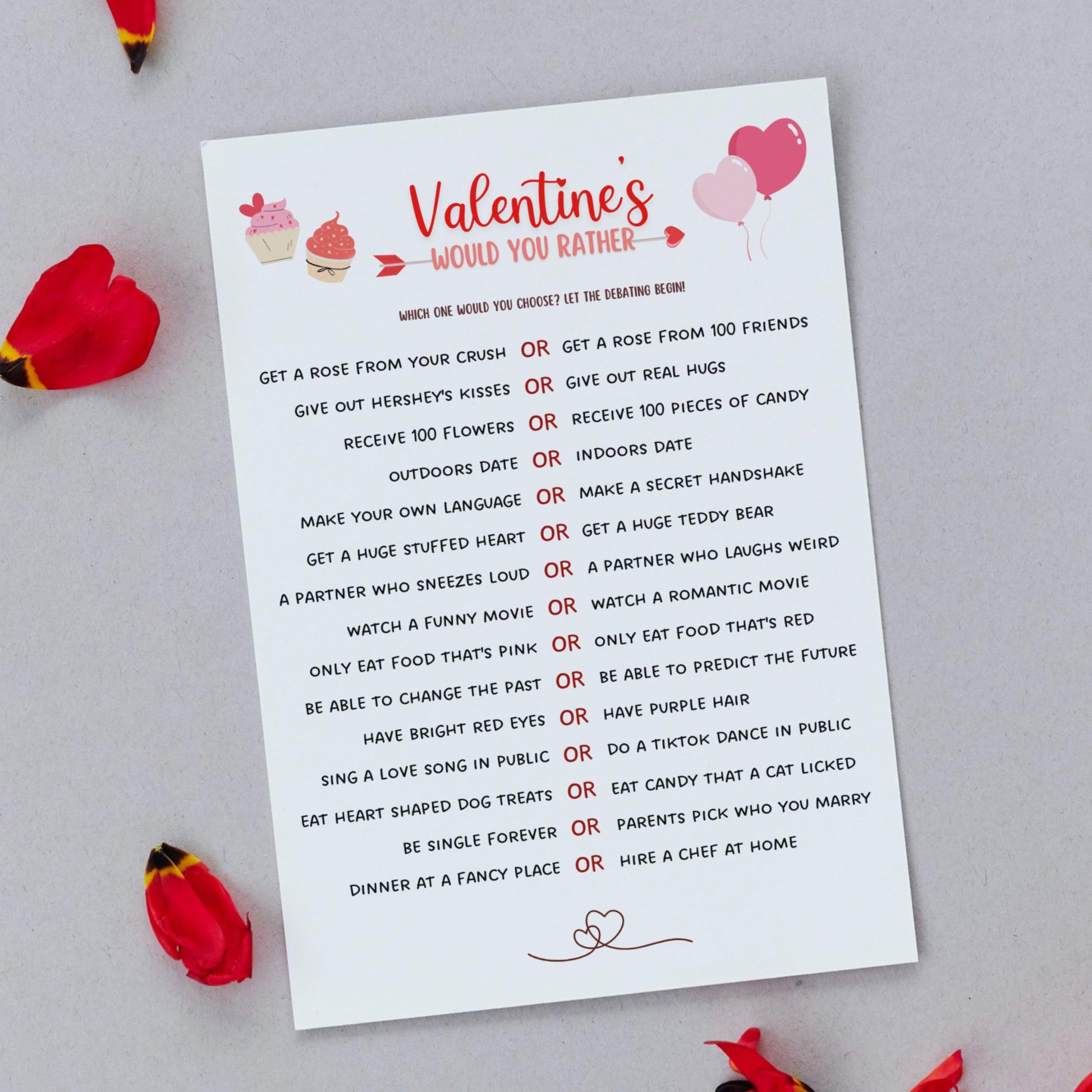 Valentine's Day Would You Rather Game Printable, This or That Game, Galentine's Day Fun Party Game, Valentines Activity for Adults & Kids