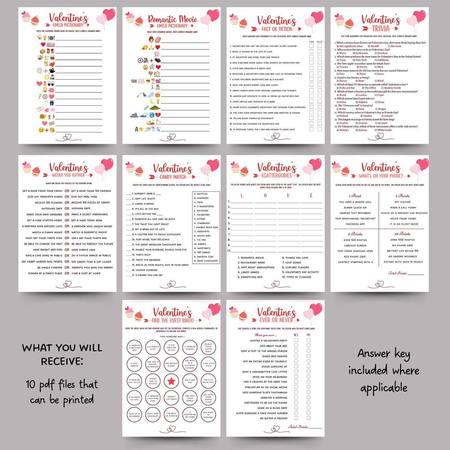 Valentine's Day Games Bundle Printable For Adults, Galentines Day Games, Valentine Office Party Games, Valentines Activity, Fun Family Games