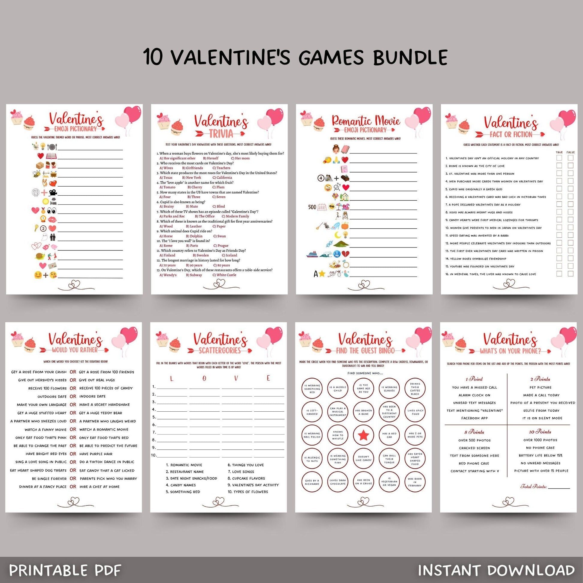 Valentine's Day Games Bundle Printable For Adults, Galentines Day Games, Valentine Office Party Games, Valentines Activity, Fun Family Games