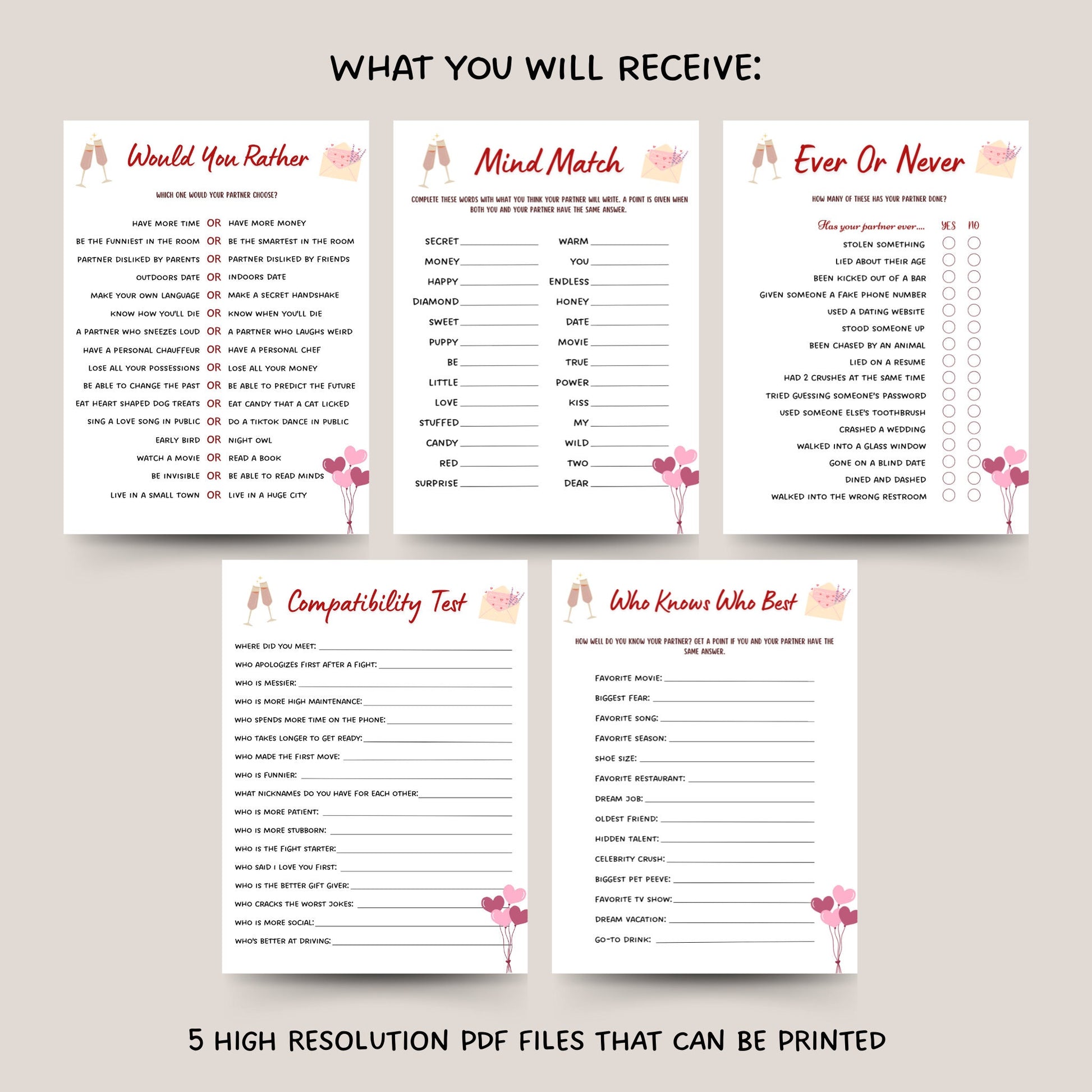 Couple Games Printable, Date Night Games, Marriage Anniversary Games, Fun Party Games for Couples, Valentines Day Games, Couples Night Games