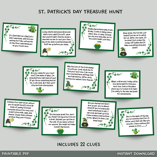 St Patricks Day Scavenger Hunt Printable, St. Patrick's Day Treasure Hunt Clues, Leprechaun Hunt, Party Game, Indoor Activity for Kids