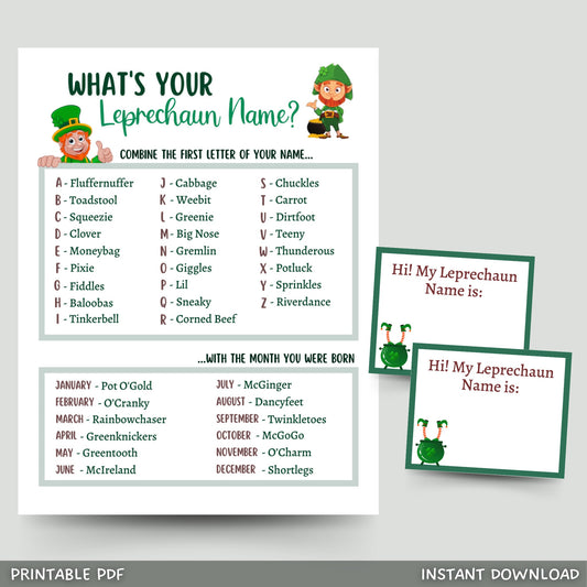 What's Your Leprechaun Name Game Printable, St. Patrick's Day Party Game, Classroom Games, St. Patty's Day Name Tags Kids Adults, St. Paddy