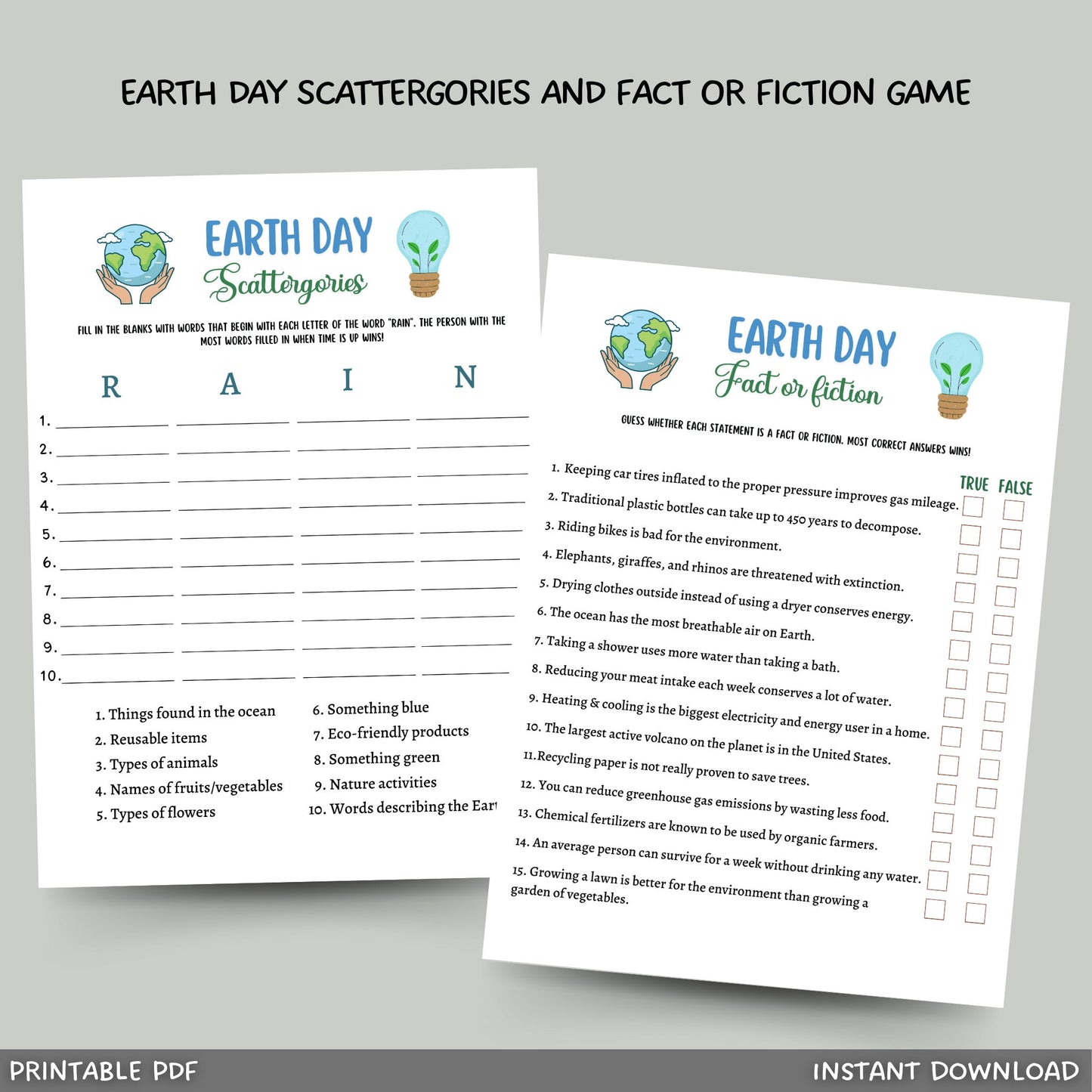 Earth Day Games Printable, Environmental Activity Trivia, Scattergories Party Game for Kids And Adults, Family Game, Classroom Lesson Game