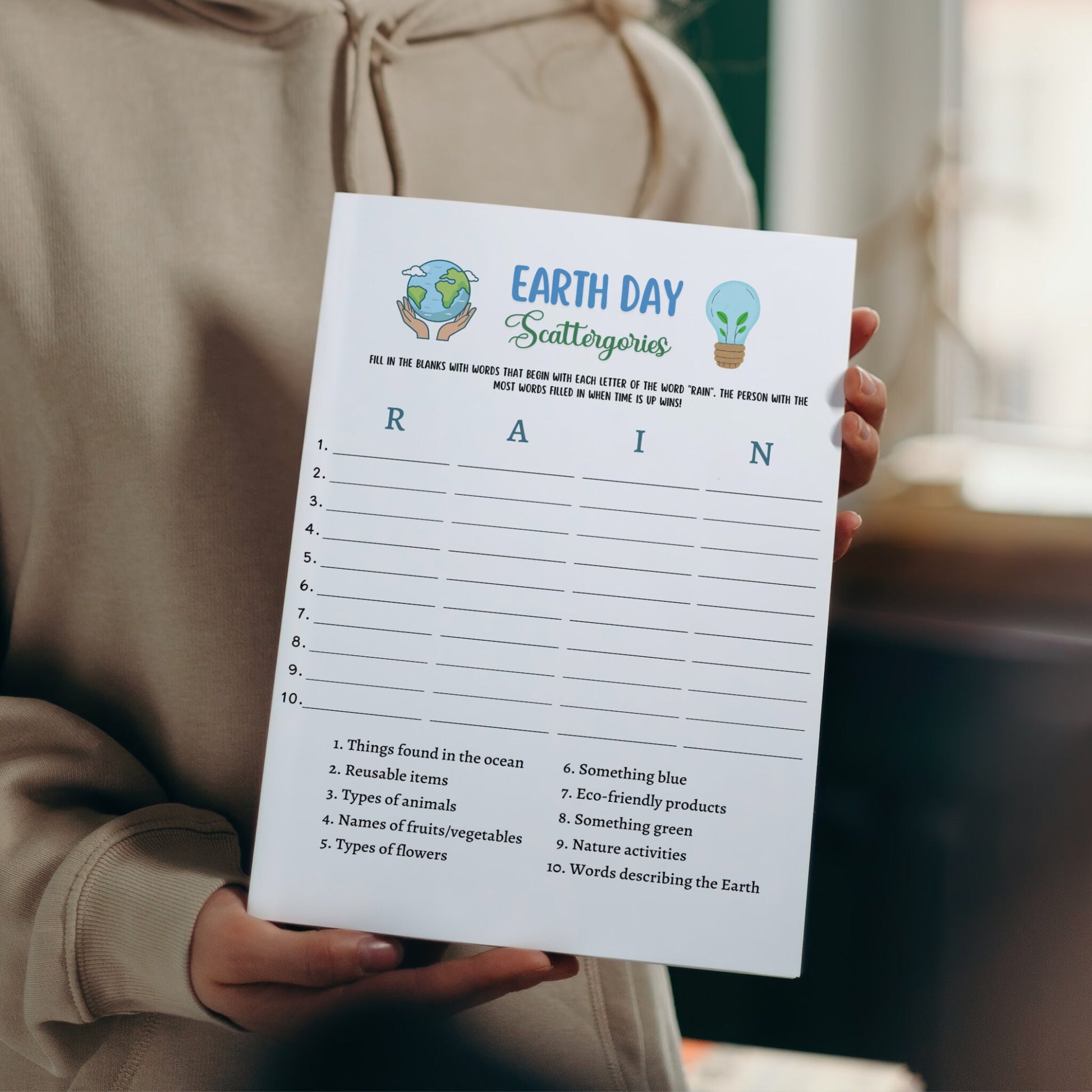 Earth Day Games Printable, Environmental Activity Trivia, Scattergories Party Game for Kids And Adults, Family Game, Classroom Lesson Game