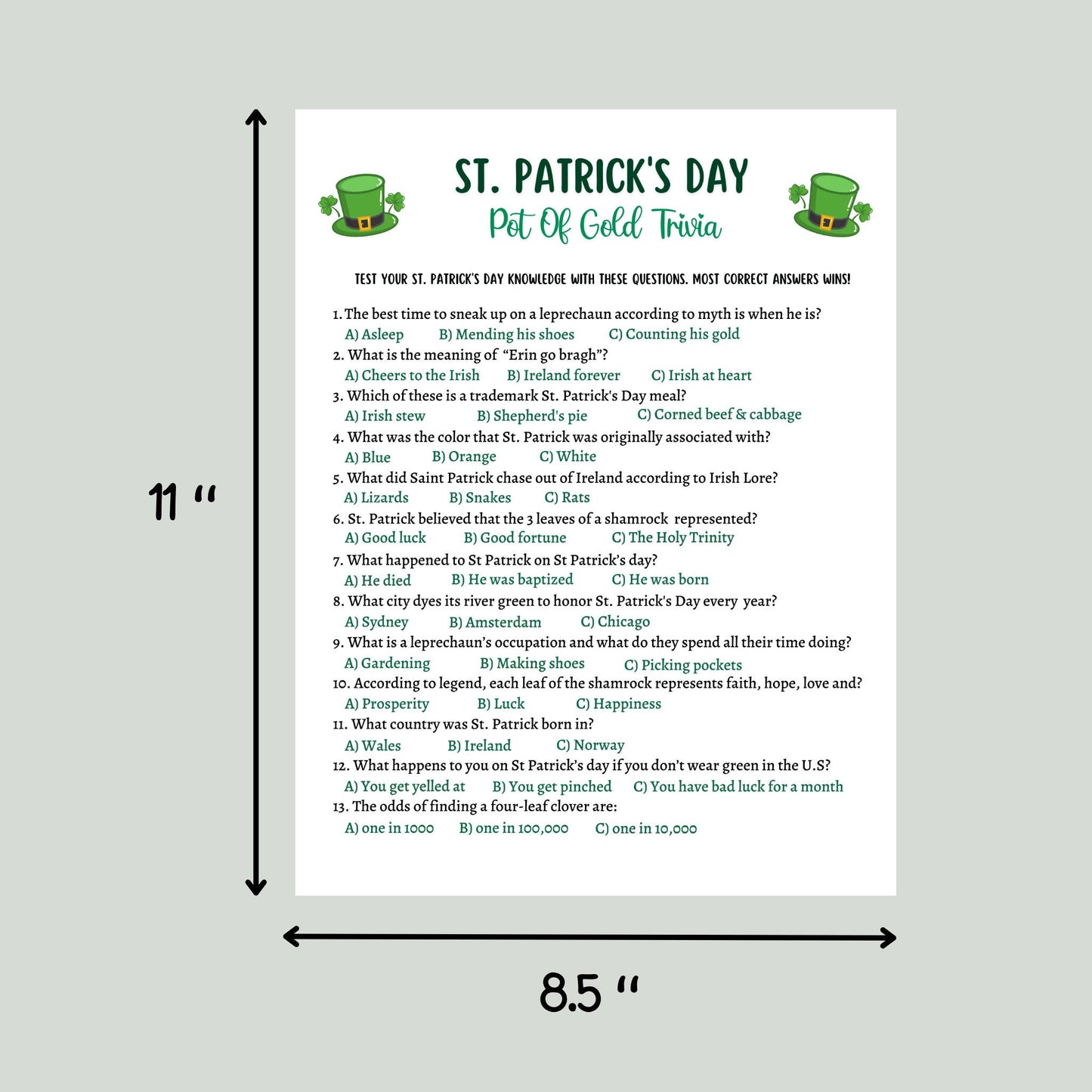 St Patrick's Day Trivia Game Printable, St Patricks Day Games, St Paddys Day Party Game, St Pattys Day Adult Trivia Game, Classroom Games