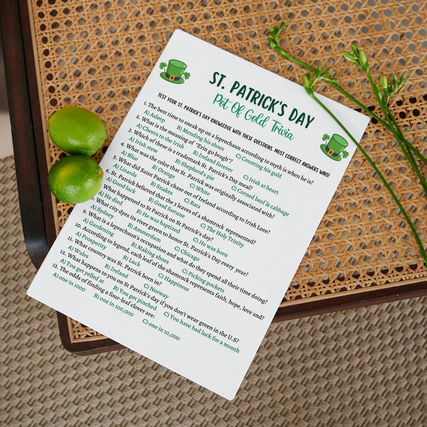 St Patrick's Day Trivia Game Printable, St Patricks Day Games, St Paddys Day Party Game, St Pattys Day Adult Trivia Game, Classroom Games