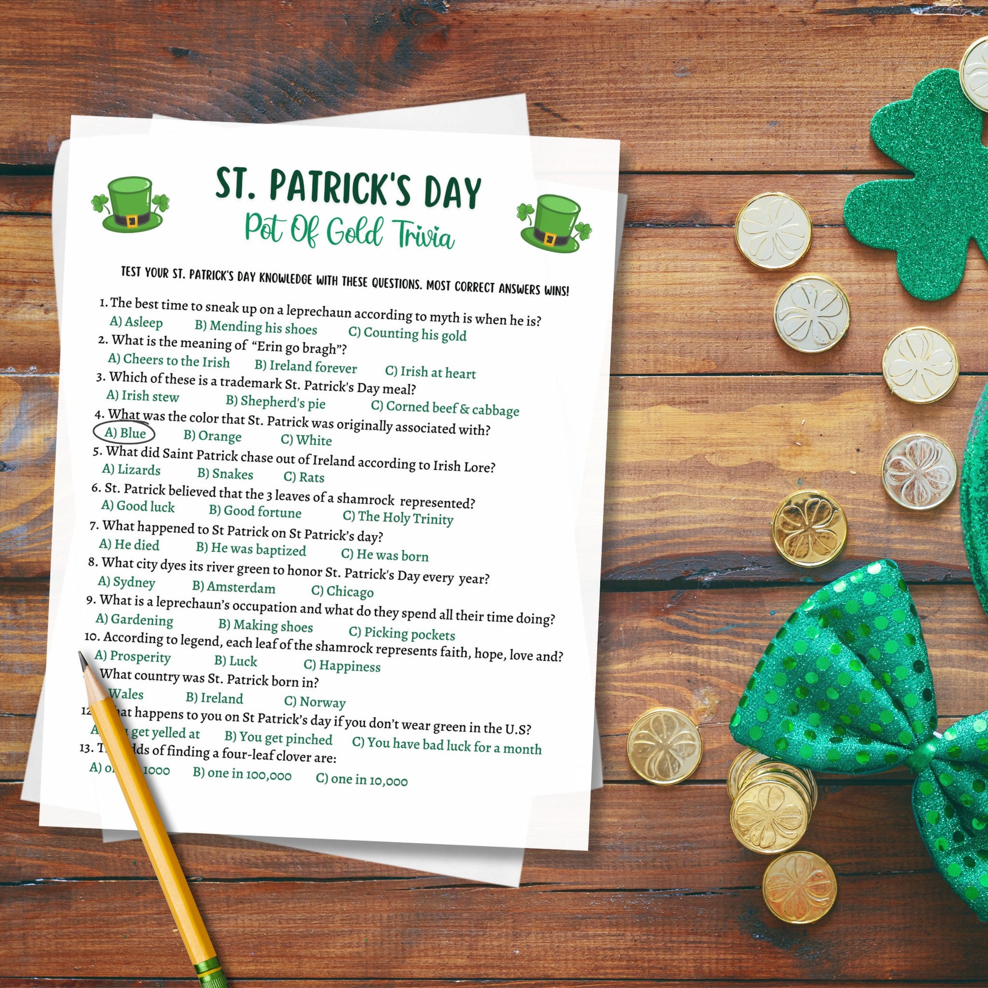 St Patrick's Day Trivia Game Printable, St Patricks Day Games, St Paddys Day Party Game, St Pattys Day Adult Trivia Game, Classroom Games