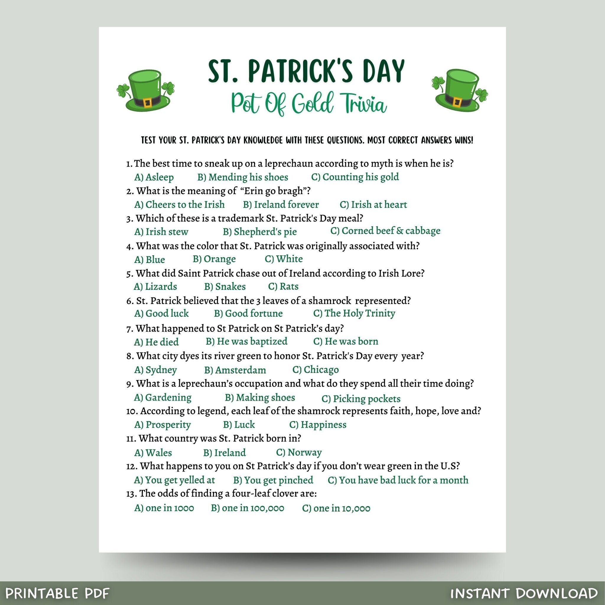 St Patricks Day Trivia Game Printable Activity Adults & Kids ...