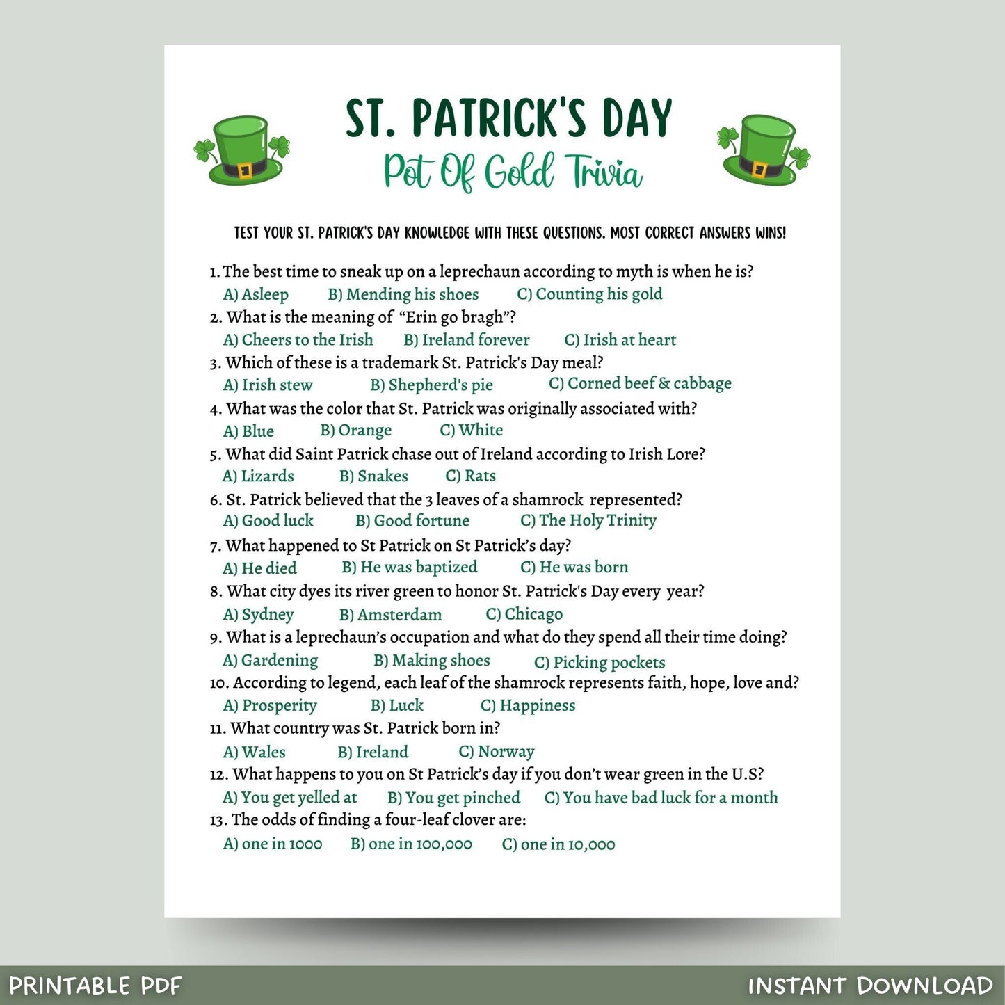 St Patrick's Day Trivia Game Printable, St Patricks Day Games, St Paddys Day Party Game, St Pattys Day Adult Trivia Game, Classroom Games