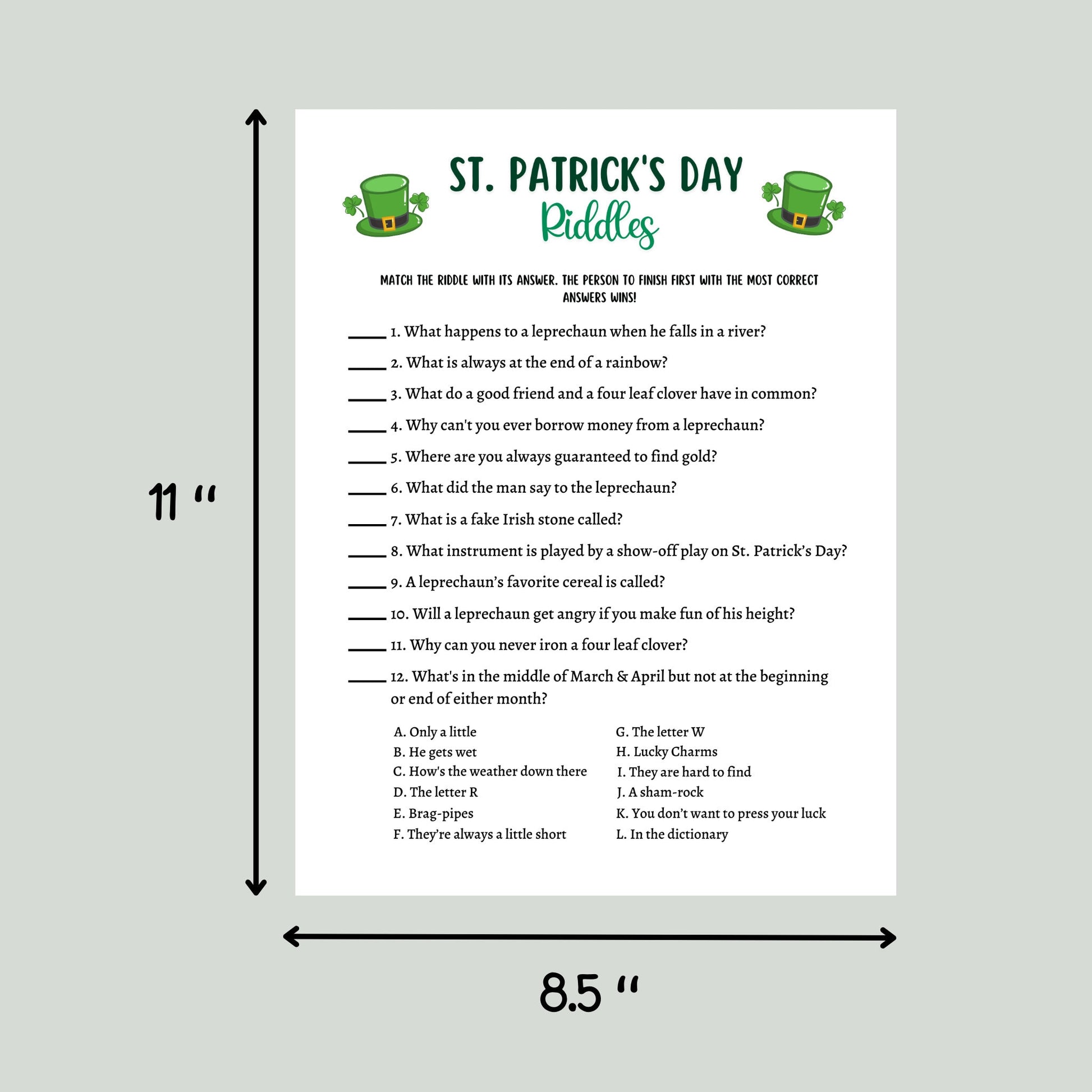 St Patrick's Day Riddles Game Printable, St Pattys Riddle Me This Trivia Activity, Classroom Game, Fun St Paddys Party Game, Kids and Adults