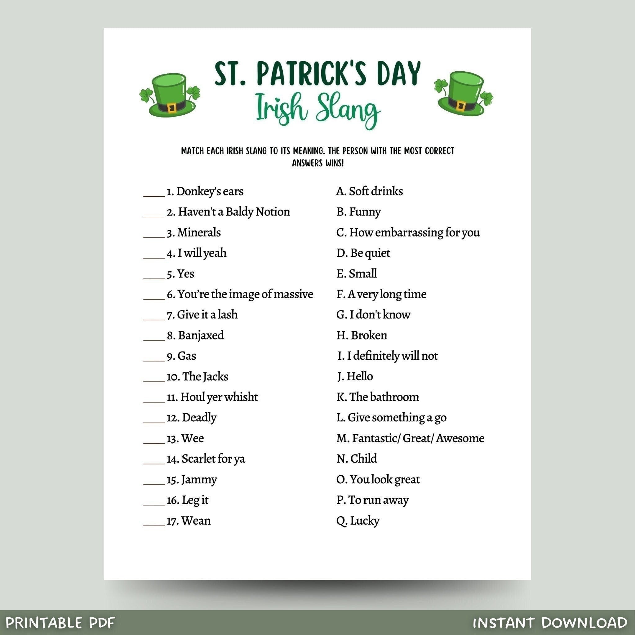 St Patricks Day Irish Slang Game Printable Activity Adults & Kids ...